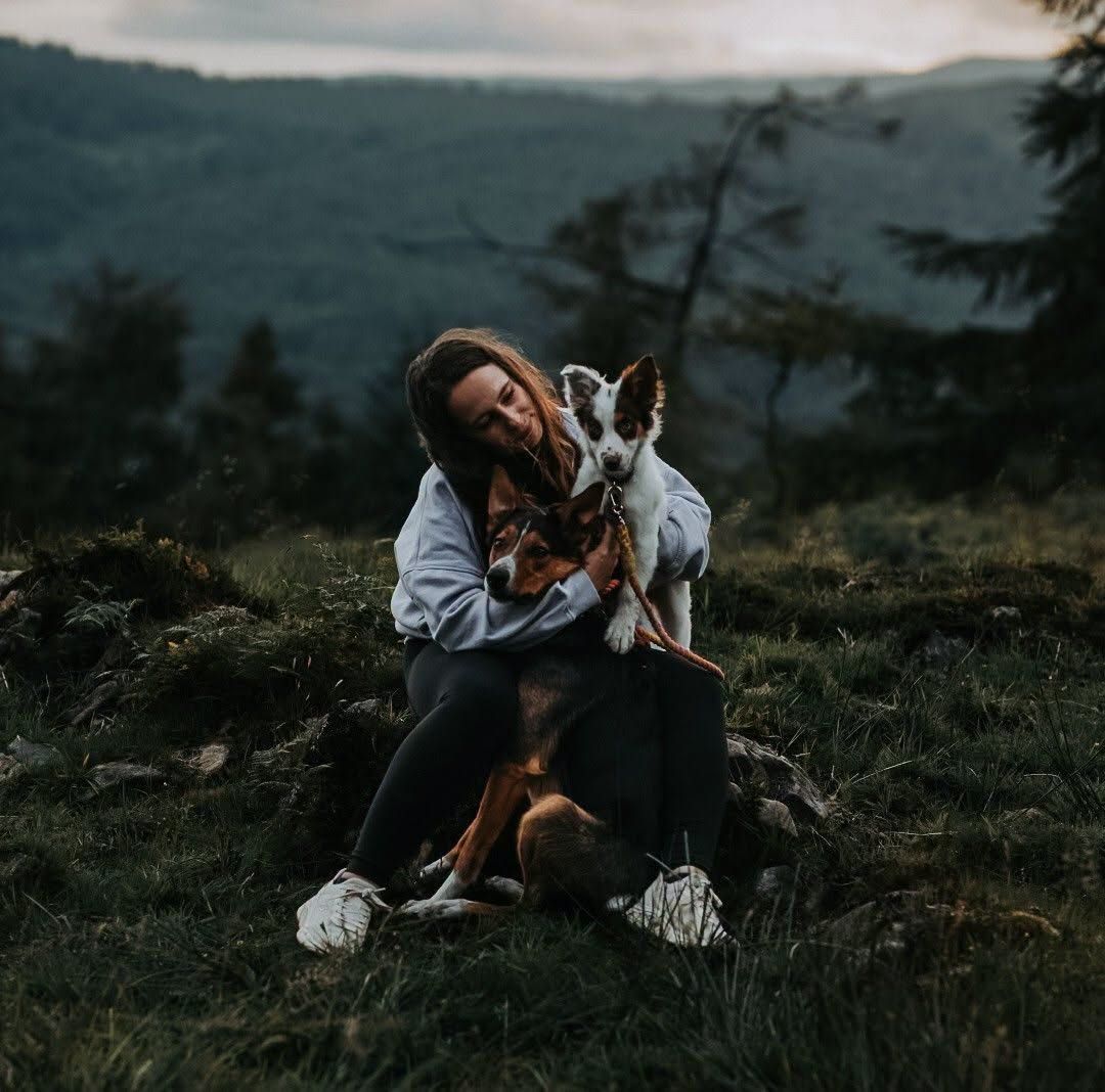 Woman hugging her dog on a grassy hilltop with misty mountains in the background at dusk.