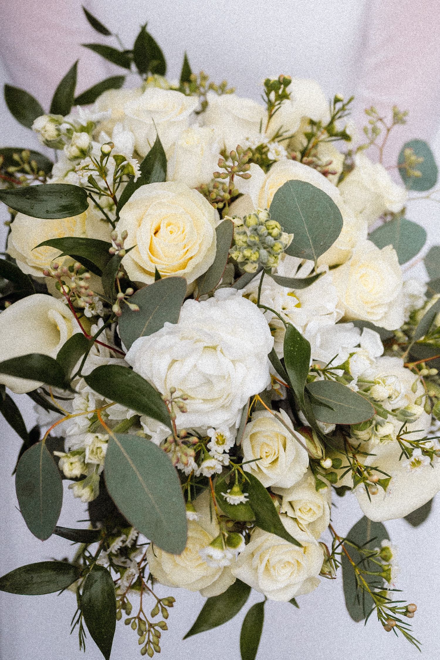 White rose bridal bouquet with eucalyptus leaves and delicate baby's breath flowers.