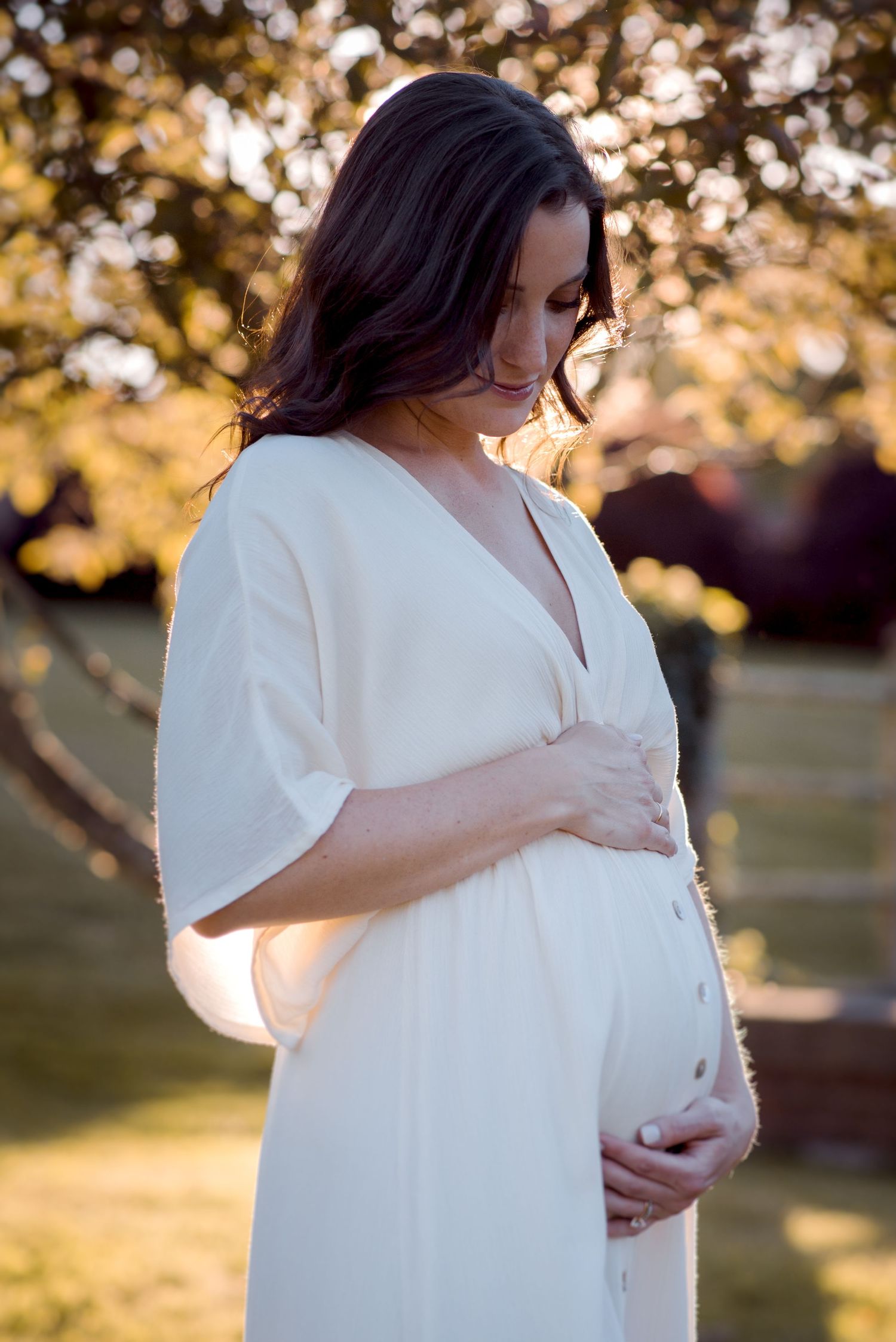 A maternity photoshoot at golden hour with warm sunlight filtering through trees.