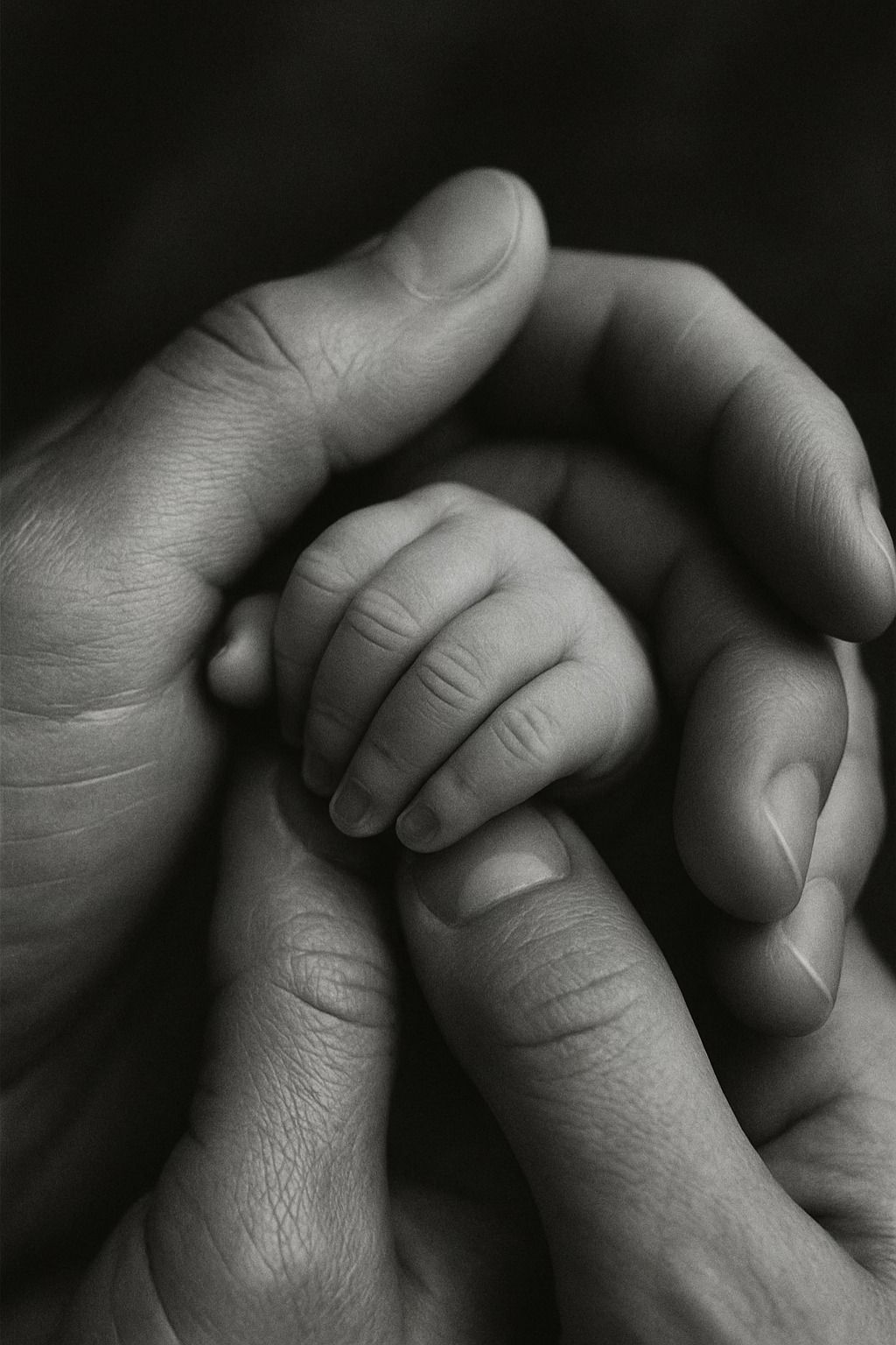 A black and white photo series showing a close-up sequence of an adult's hand holding a baby's tiny fingers.