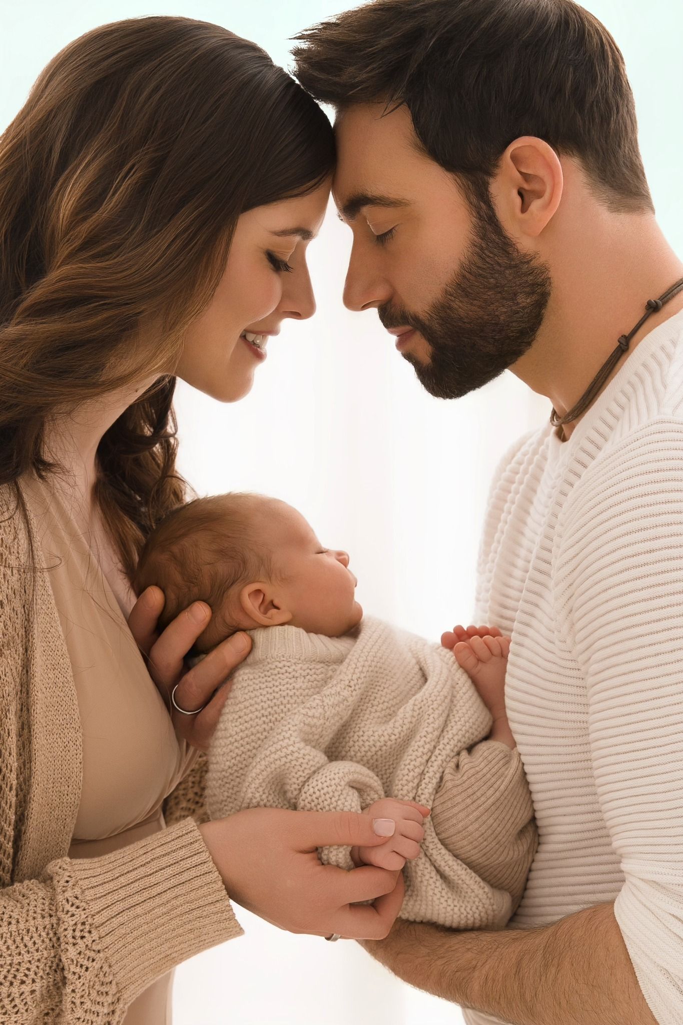 A loving family portrait series showing tender moments between parents and their baby in neutral cream colored sweaters.
