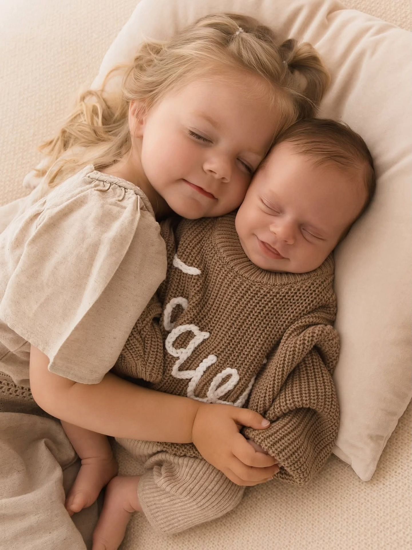 Two children sleeping peacefully together on cream colored bedding while wearing brown and beige sweaters.