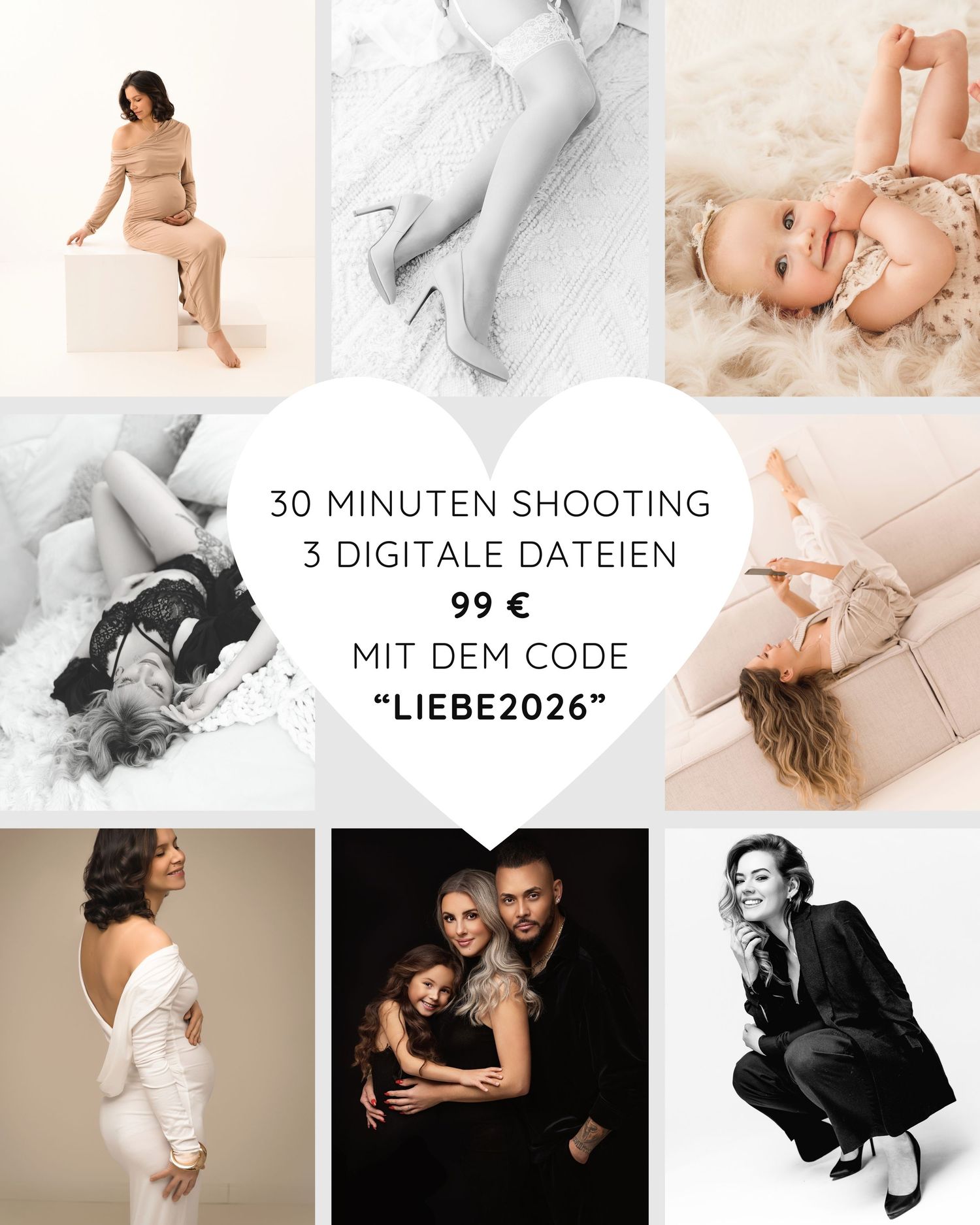 Artistic black and white portrait photography collage showcasing intimate lifestyle and boudoir poses in soft lighting.