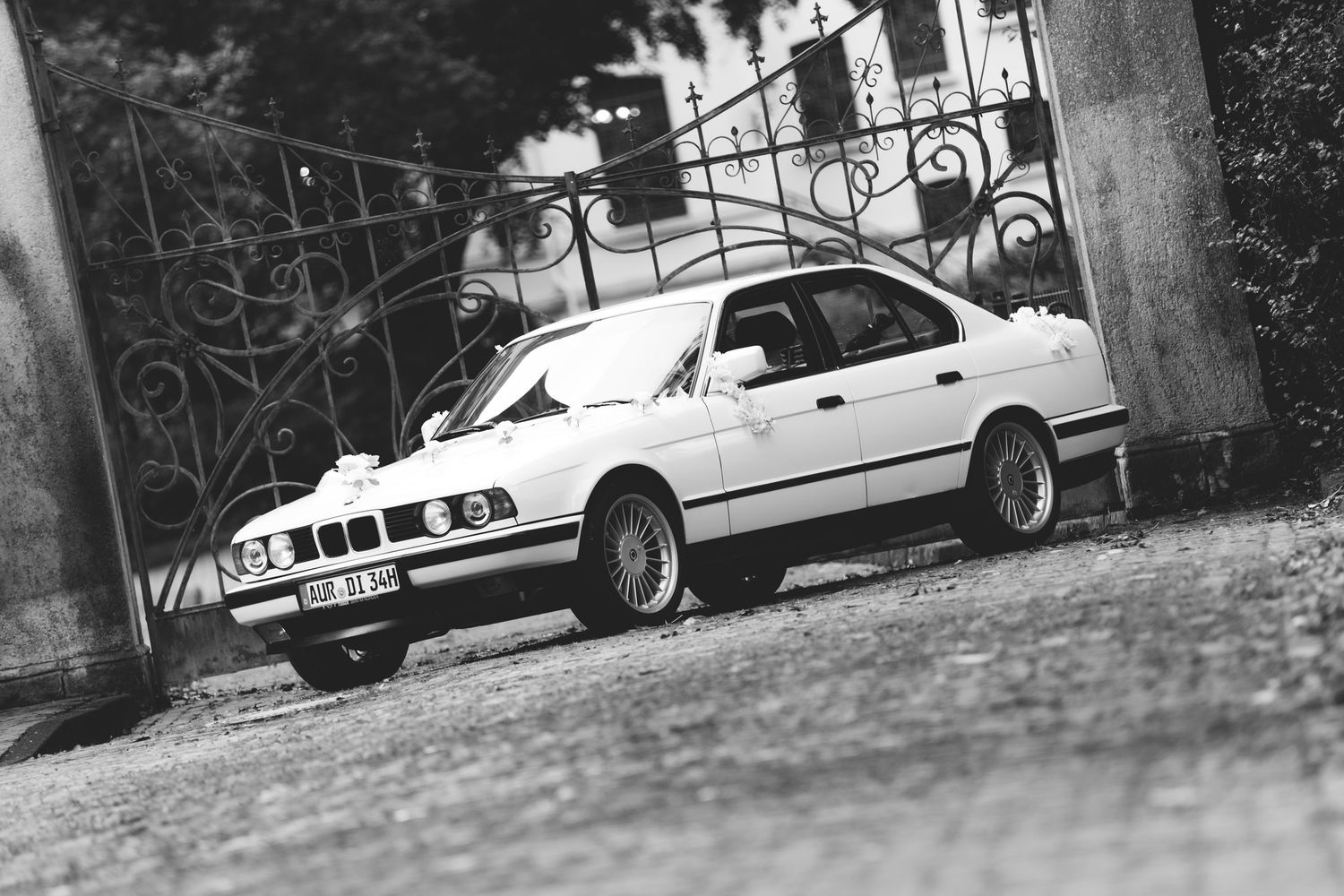 A row of vintage BMW cars parked on a street in black and white photography.