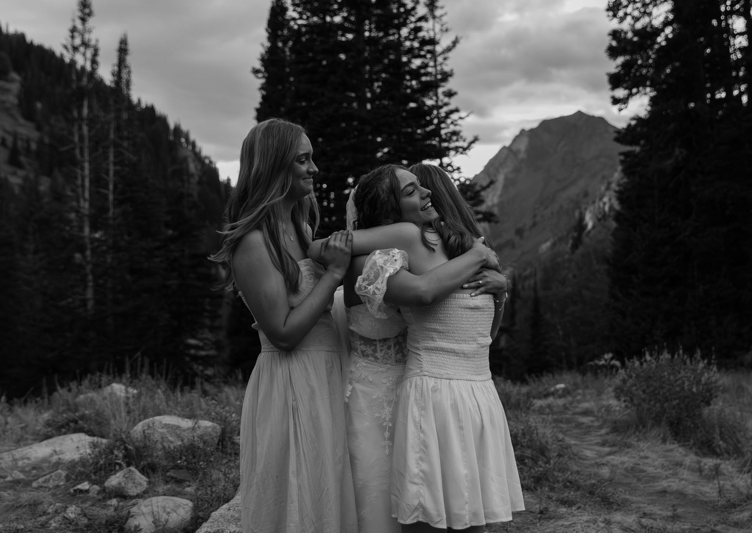 A series of black and white wedding photos taken in a scenic mountain landscape with pine trees and dramatic skies.