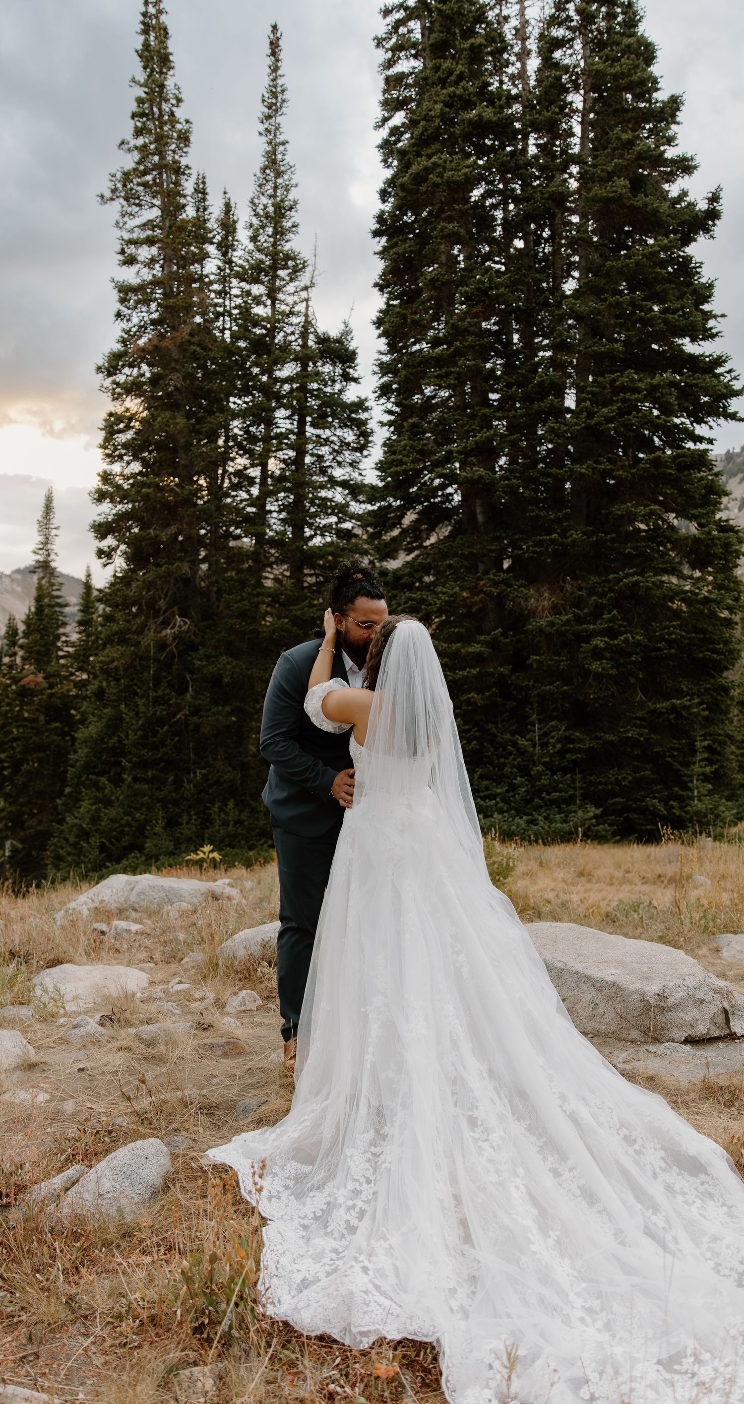 A wedding couple embraces against a mountain backdrop with evergreen trees and dramatic cloudy skies.
