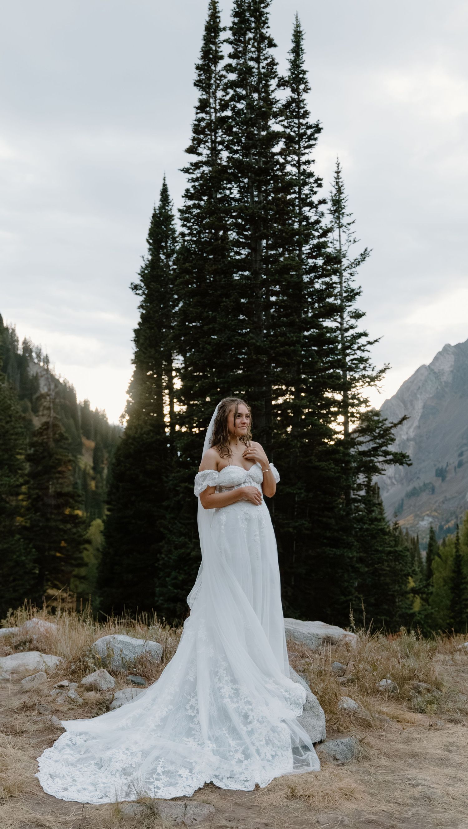 A romantic wedding photoshoot in a mountain meadow with evergreen trees and dramatic peaks in the background.