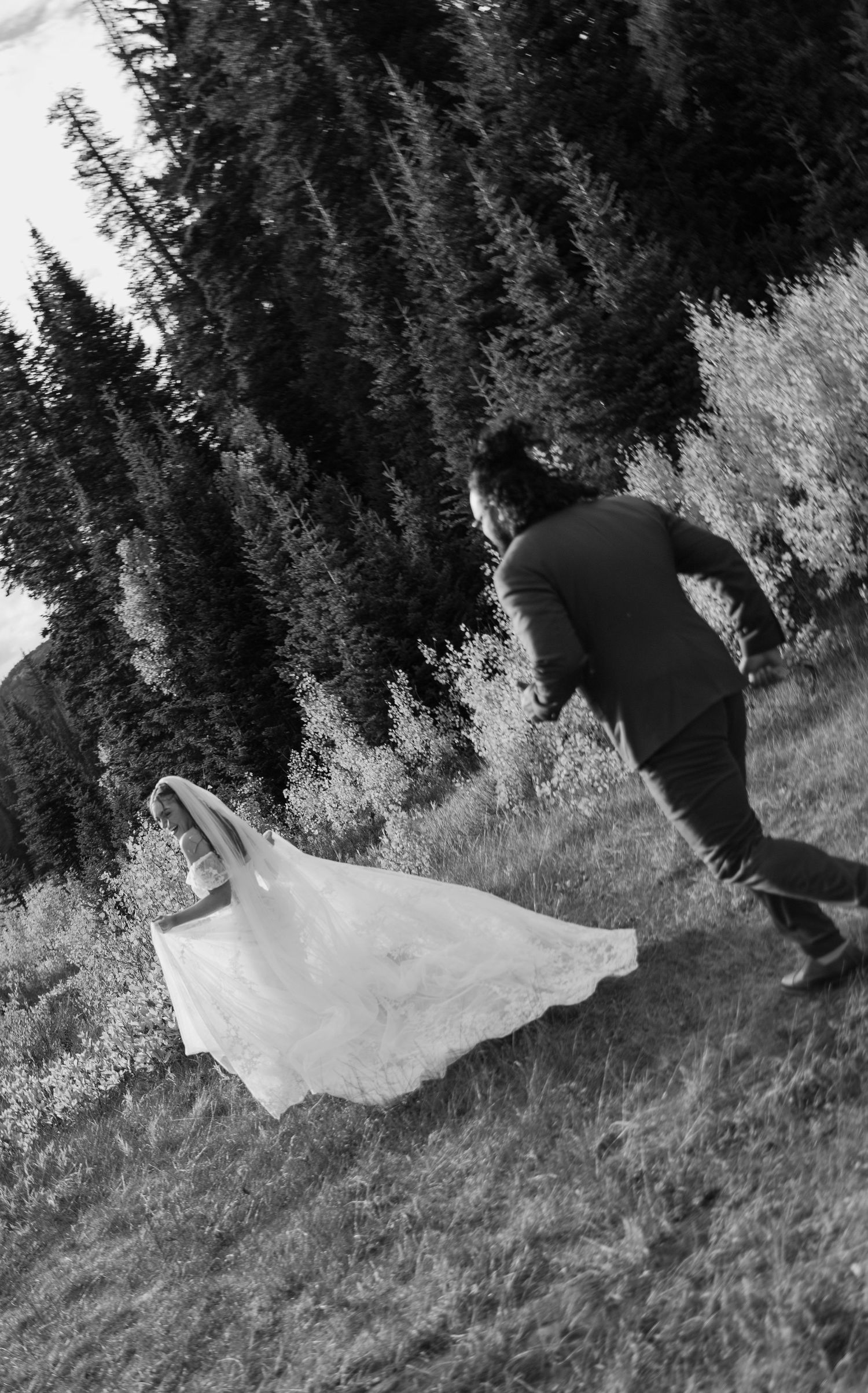 A black and white artistic sequence showing the movement of a wedding dress train across a grassy hillside.
