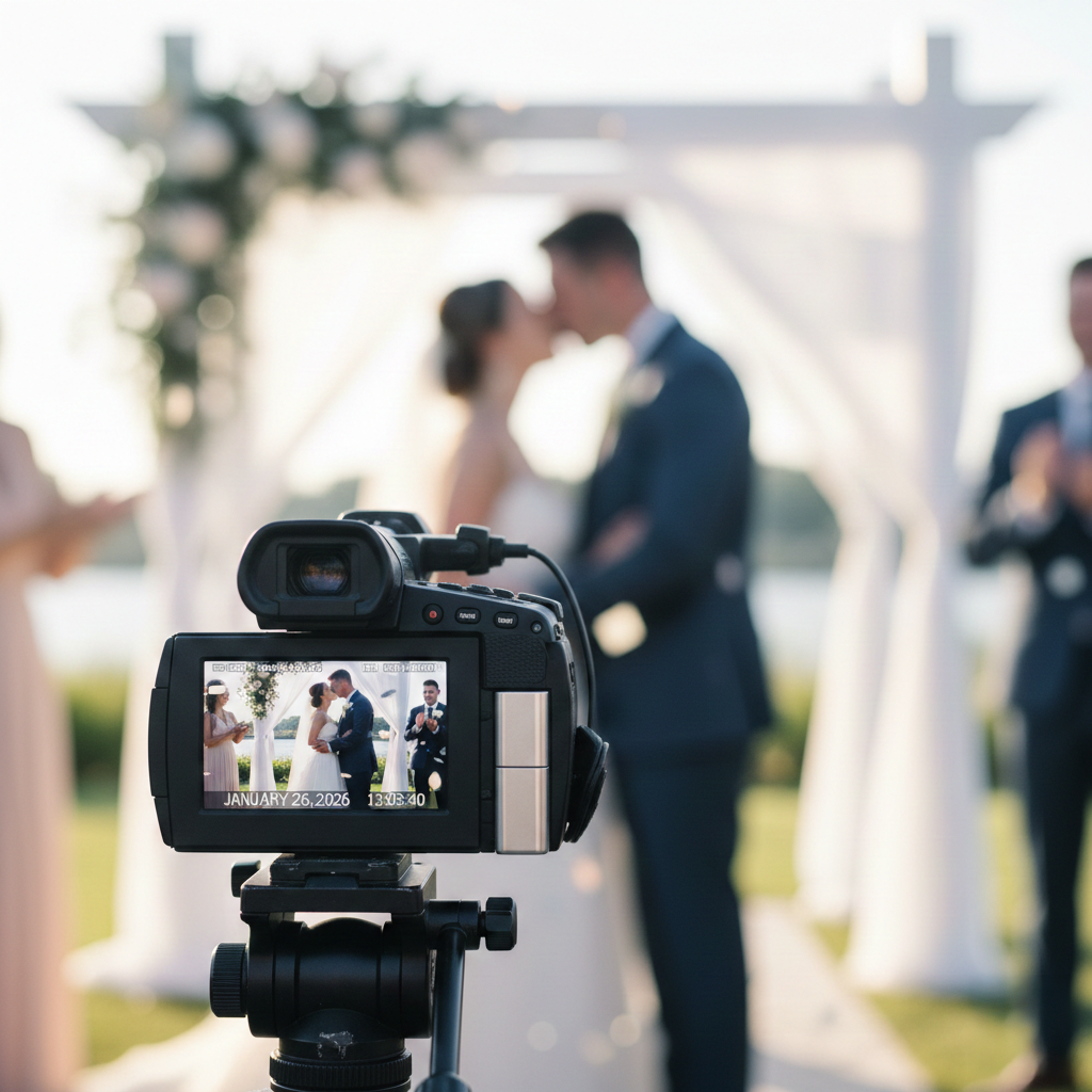Professional camera capturing wedding ceremony through white gazebo pillars with blurred background.