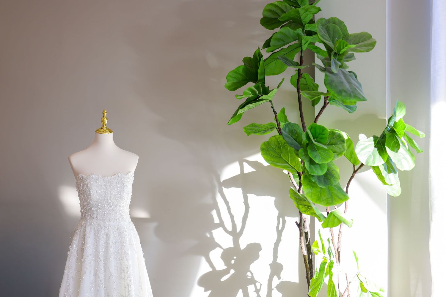 White wedding dress displayed on a mannequin with green plants and natural lighting in a bridal boutique.