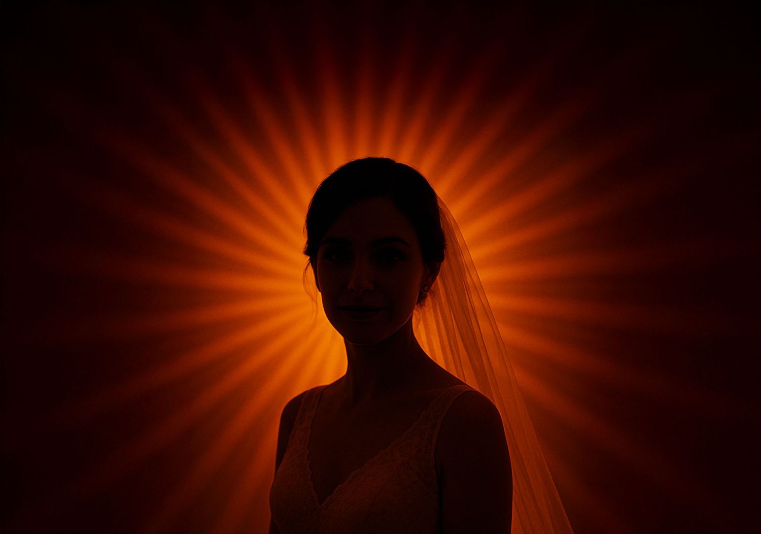 Silhouette of figure backlit by dramatic orange starburst rays against dark background.