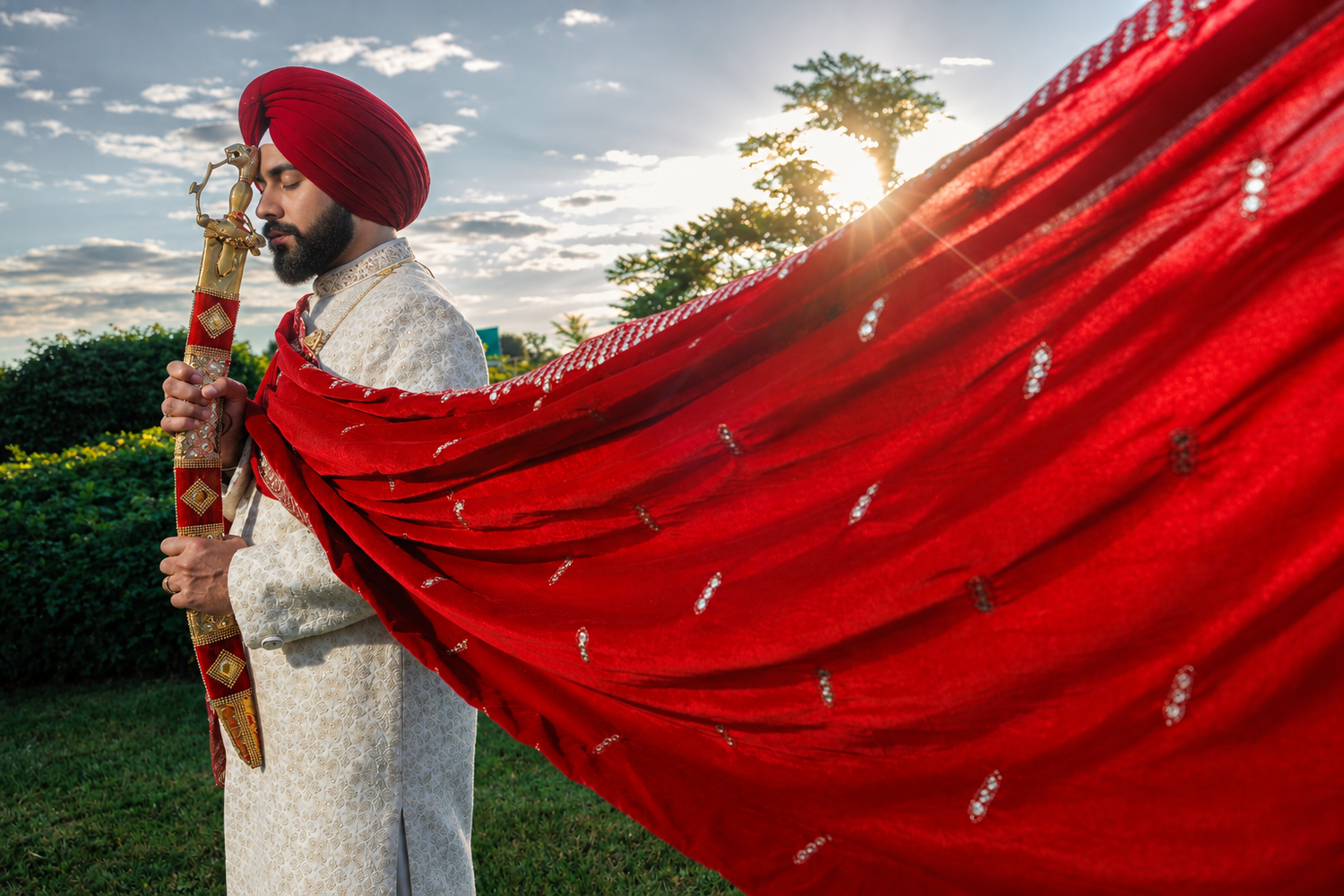 Sikh groom in white sherwani and red turban holds ornate sword with flowing red dupatta against sunset sky.
