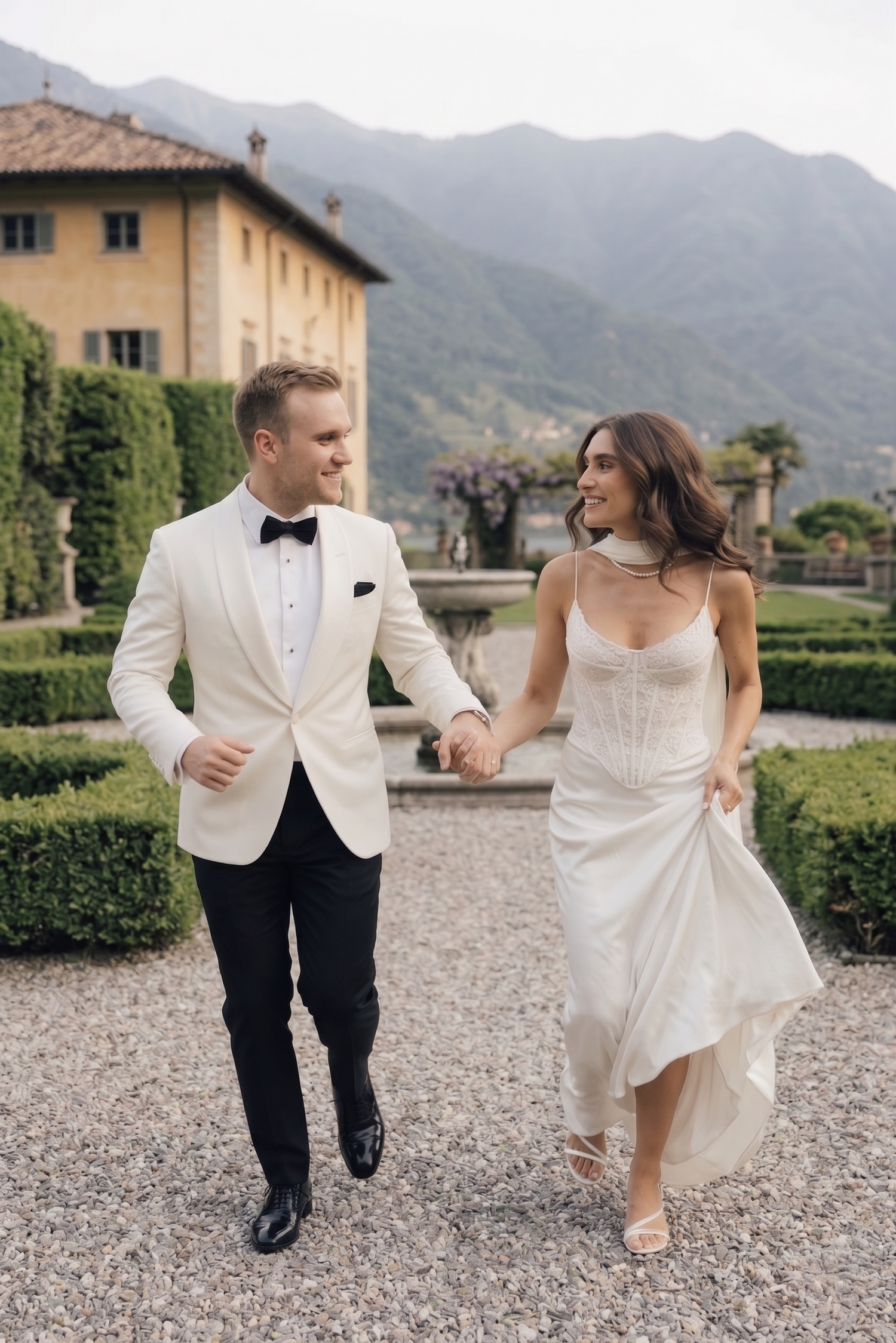 A smiling bride and groom walk hand in hand through an elegant garden with mountains and a villa in the background.