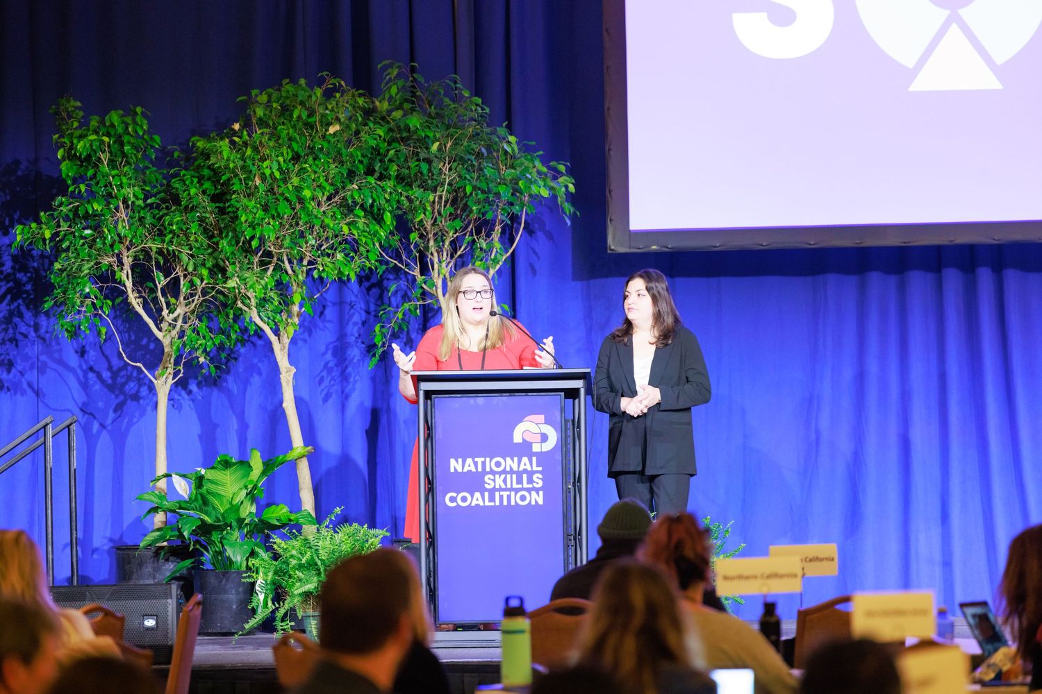 A stage presentation at a tech conference with blue curtains and green plants visible in the background.