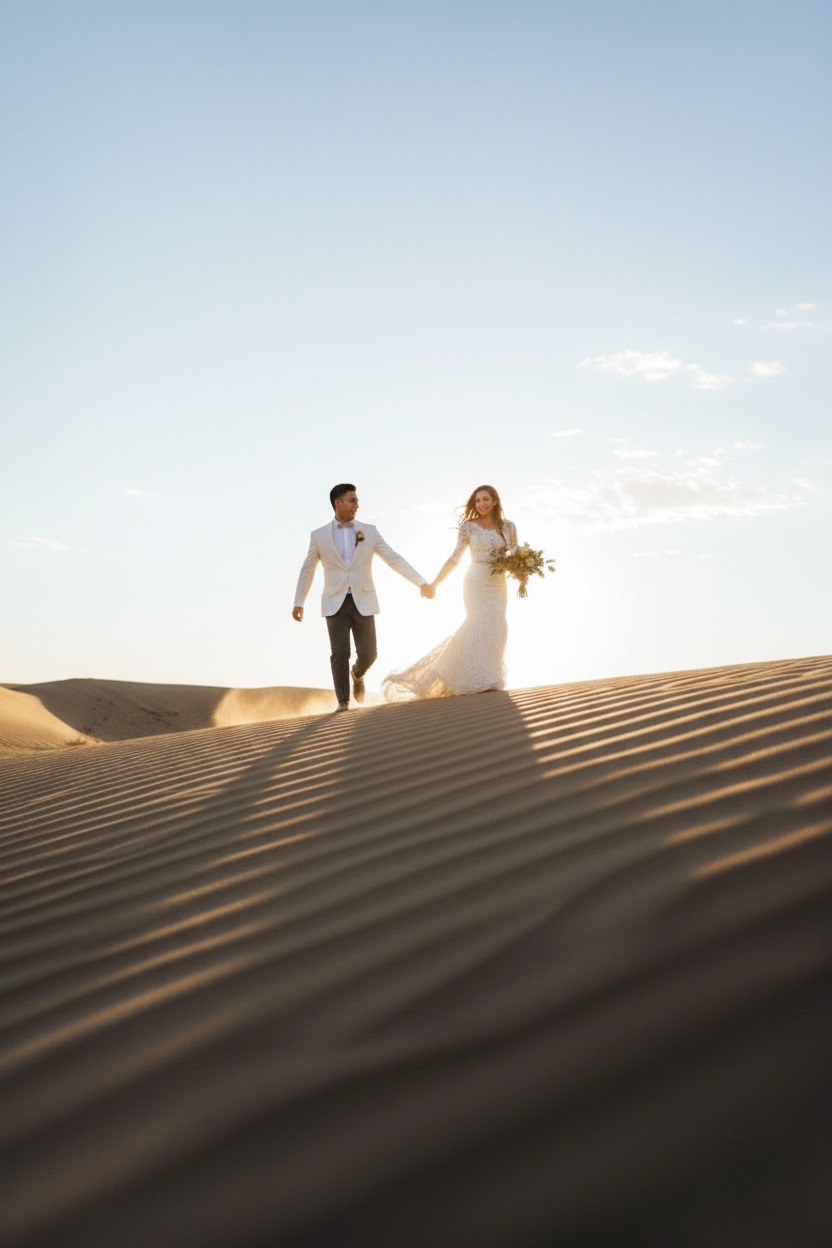 A couple in wedding attire walks along dramatic sand dunes at sunset creating silhouettes against the sky.