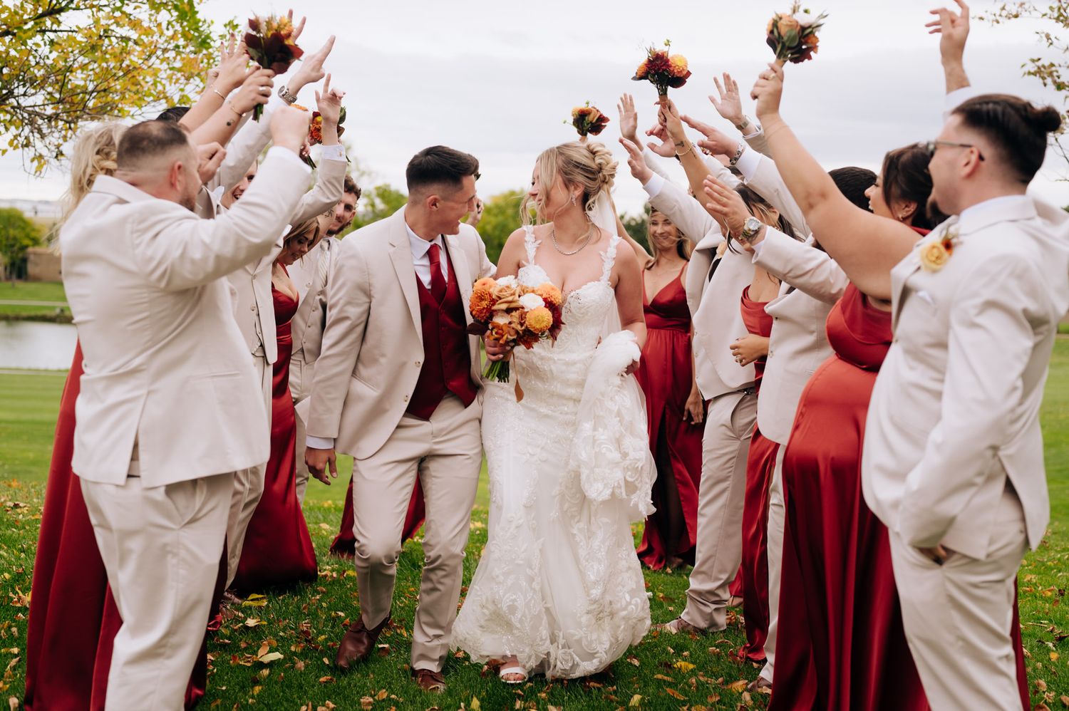 bridal party during fall at the hotel Inverness in Denver Colorado