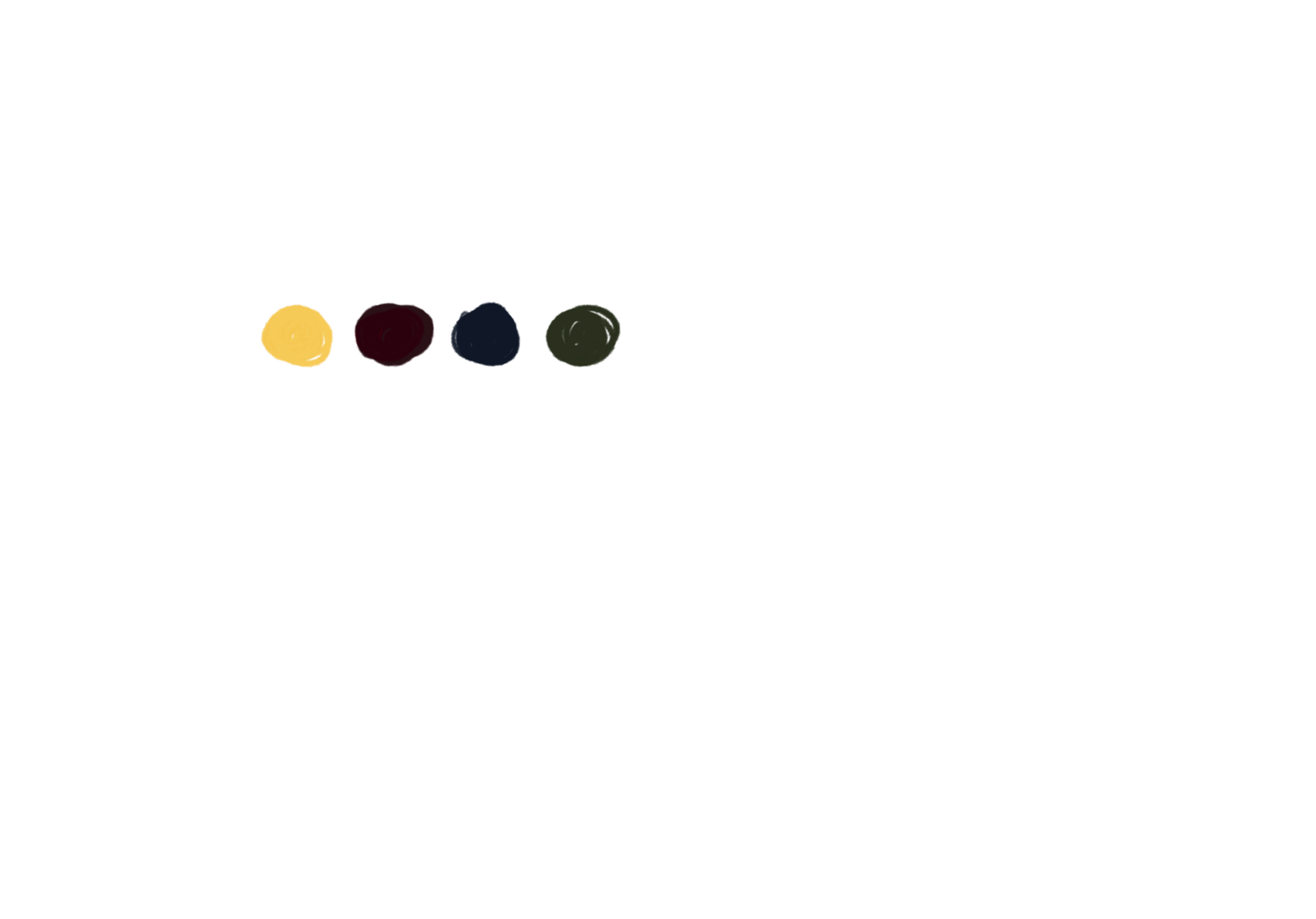 Four paint color swatches in yellow, dark navy, burgundy, and dark green arranged in a horizontal row on white background.