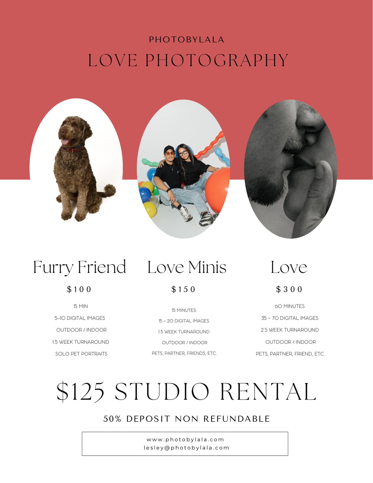A photography pricing menu showing three service tiers - Furry Friend, Love Minis, and Love - with a studio rental fee of $125.