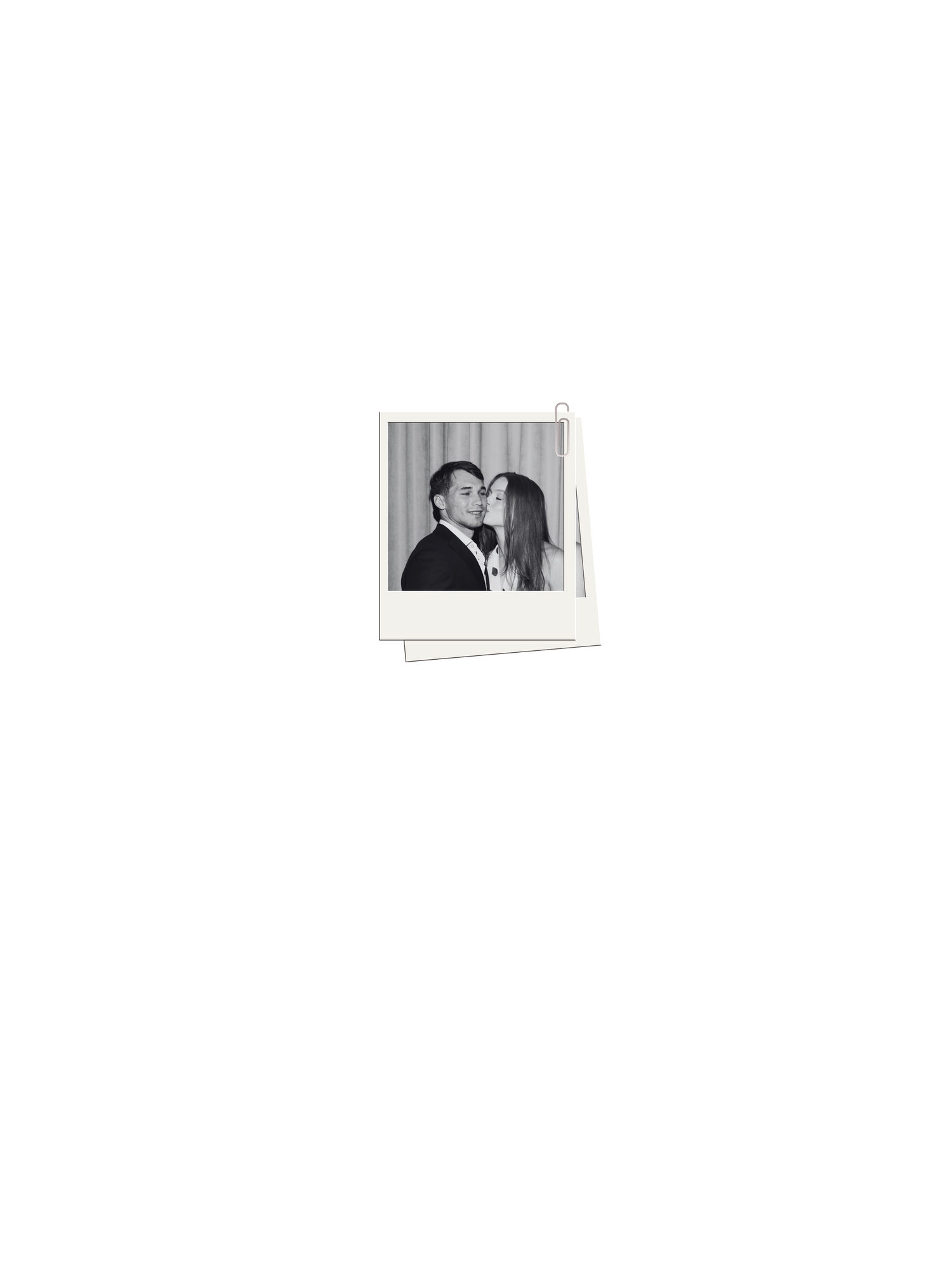 Black and white Polaroid photo of a couple sharing a romantic moment, woman kissing mans cheek at formal event.