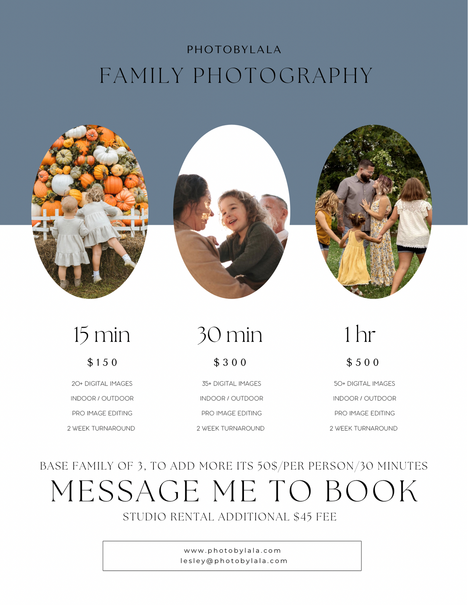 A photography pricing menu showing three different session lengths and price tiers with circular photo examples on a blue background.