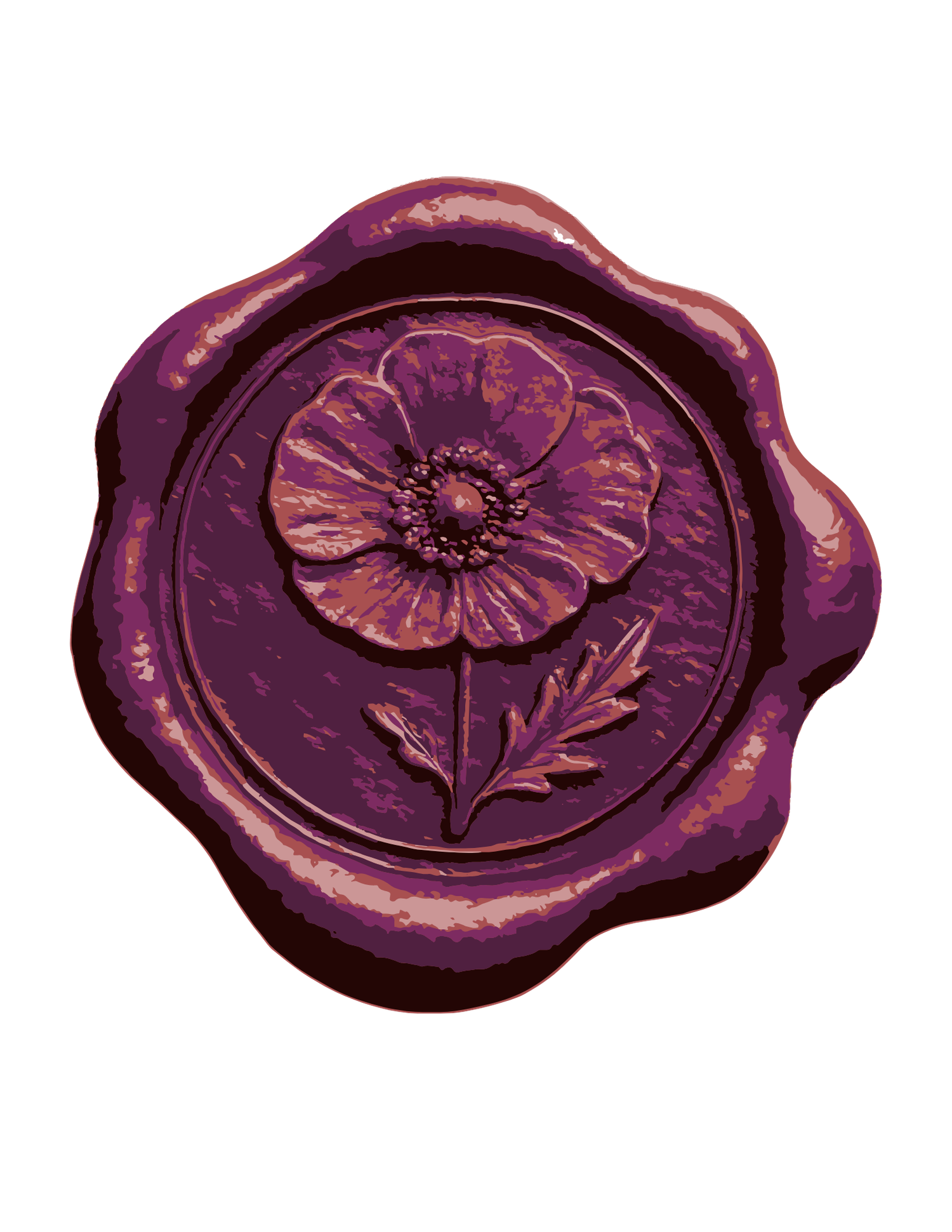 Purple wax seal stamp featuring an embossed poppy flower with stem and leaves on a circular raised design.