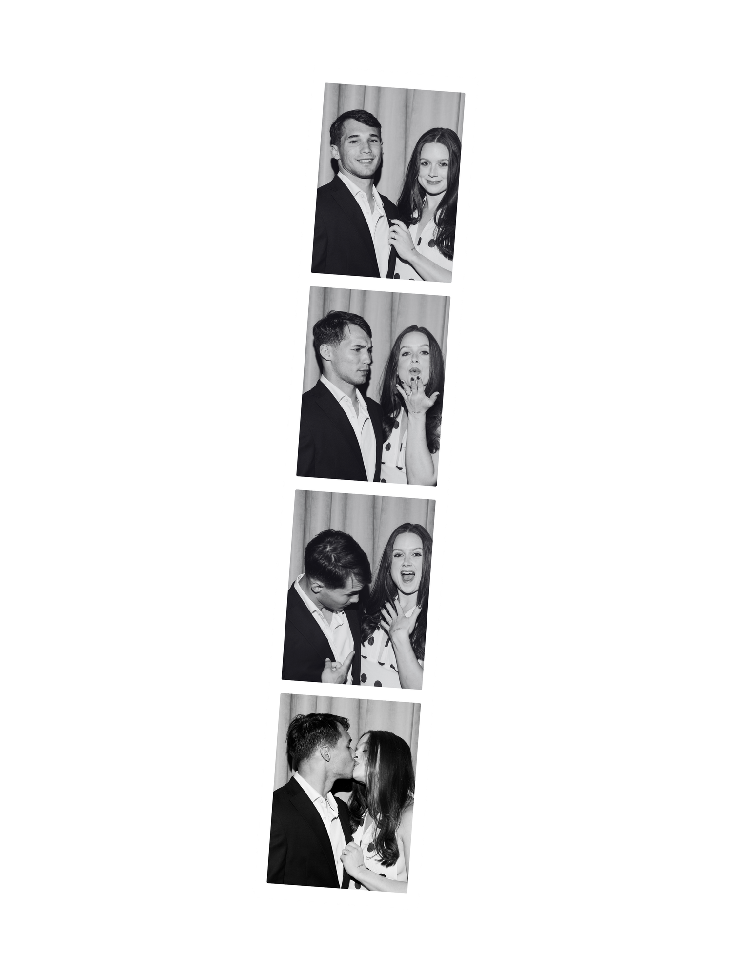 Black and white photo booth strip showing a couple posing and kissing in four sequential romantic frames.