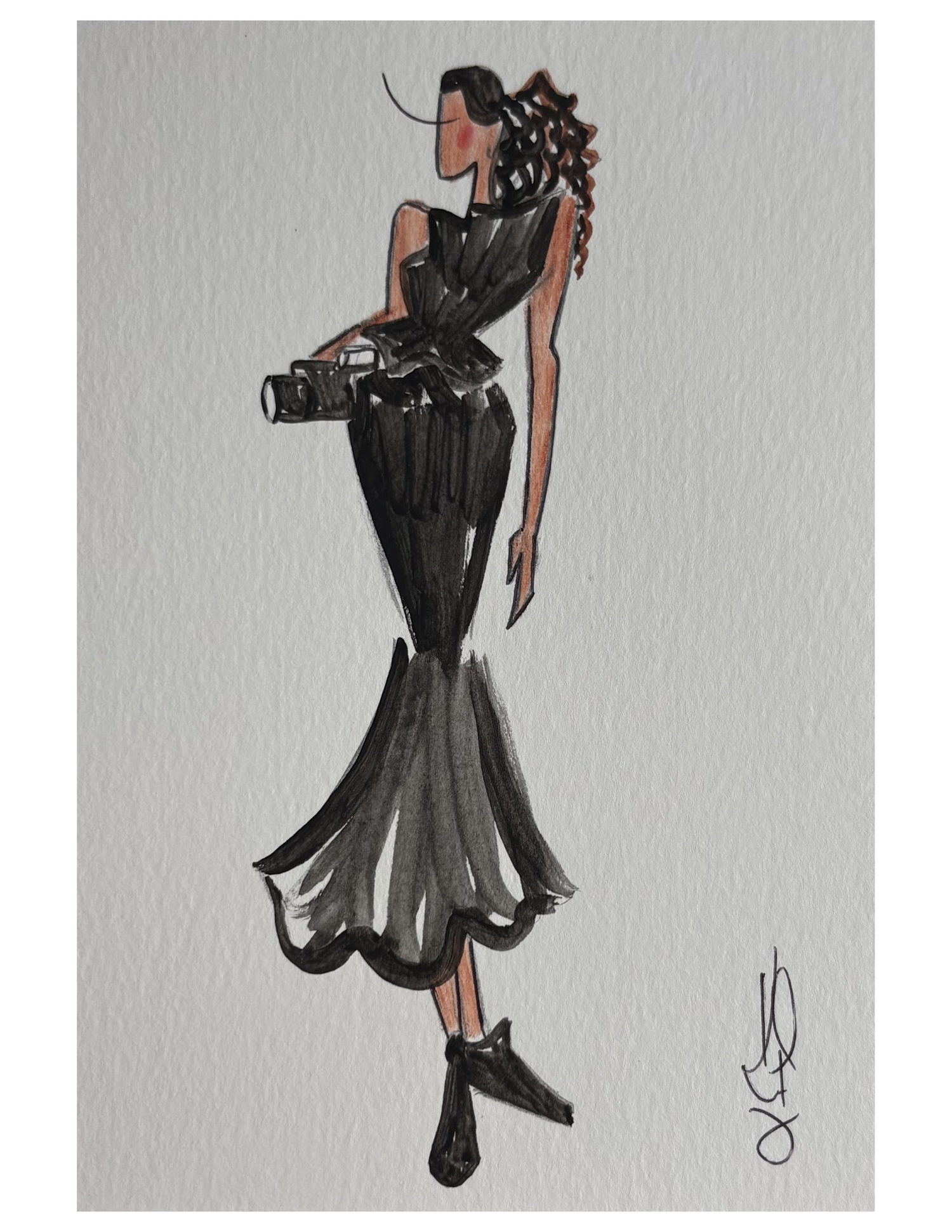 Fashion illustration of a woman in a black flowing dress with fringe details, holding a camera, rendered in ink and watercolor.