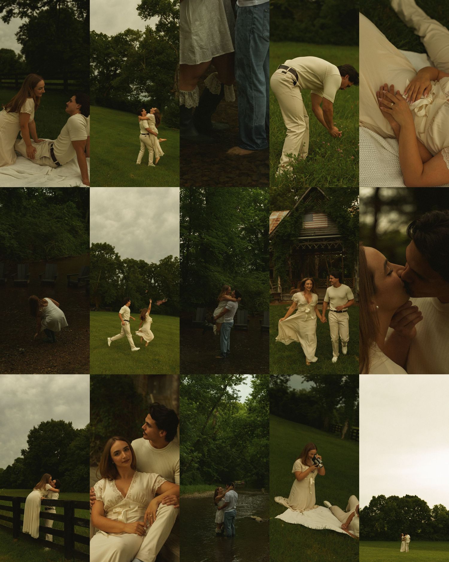 Romantic outdoor photo collage of a couple in white clothing playing and embracing in a lush green field.