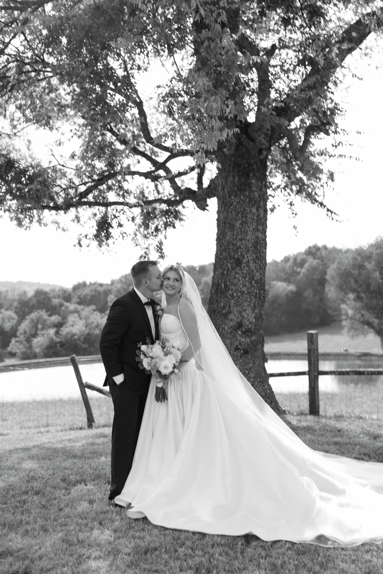 Black and white photo of a groom kissing bride on cheek under large tree with scenic countryside backdrop.