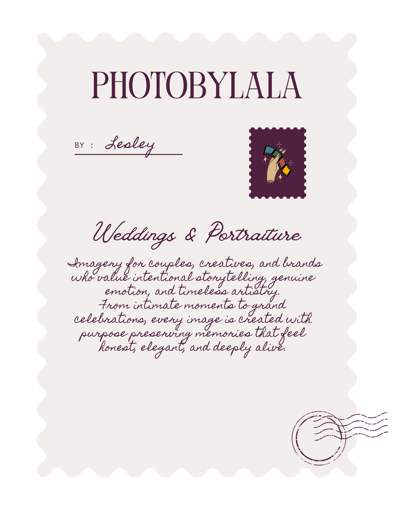 Vintage stamp-style business card for PhotoByLala by Lealey, featuring weddings and portraiture photography services description.