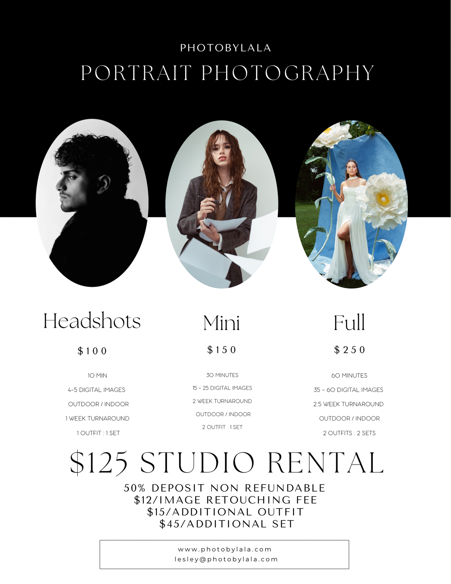 Professional photography pricing guide showing headshots, mini sessions and full sessions with package details and rates.