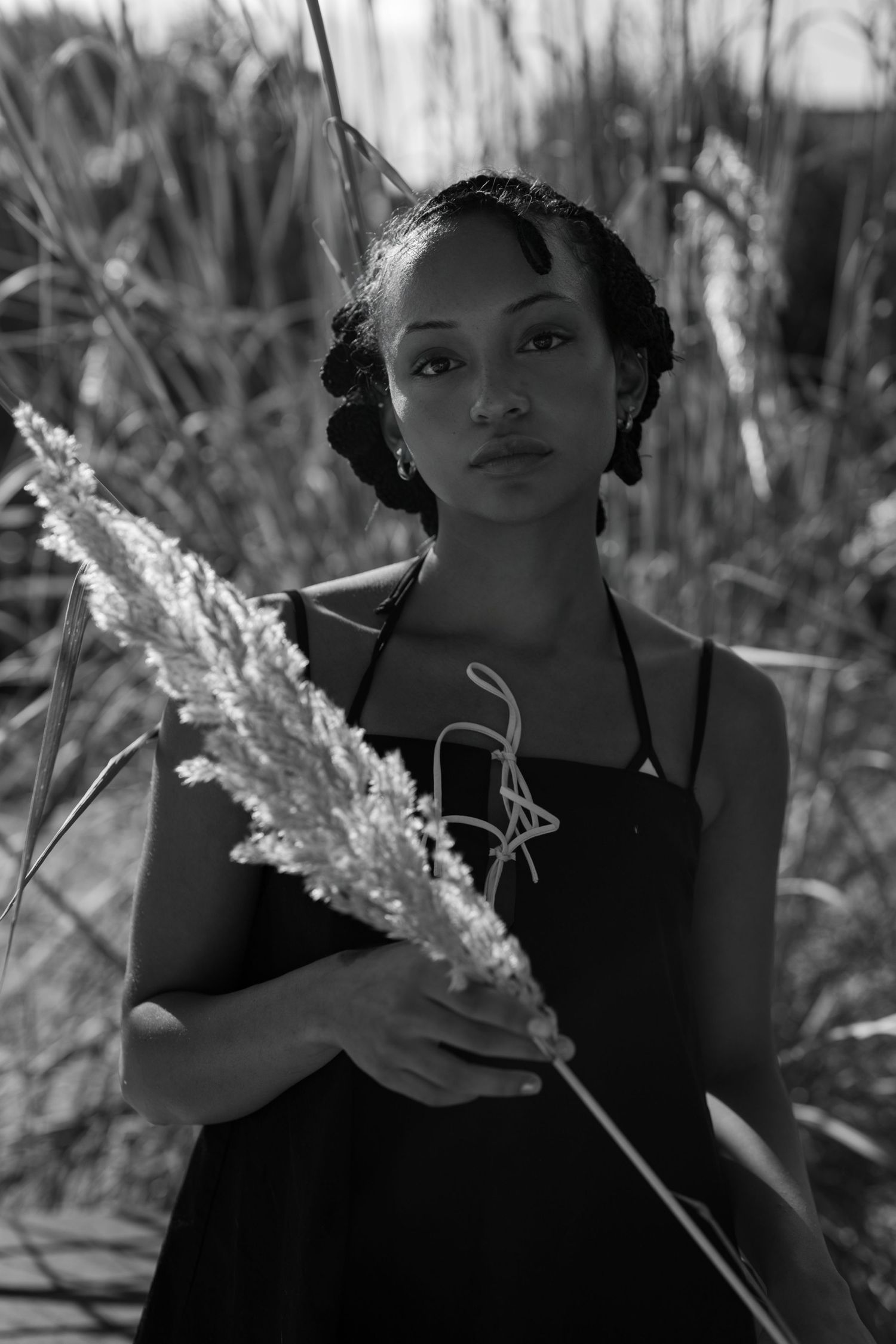 Black and white photo series featuring a figure in dark clothing holding a pale wheat stalk against a blurred natural background.
