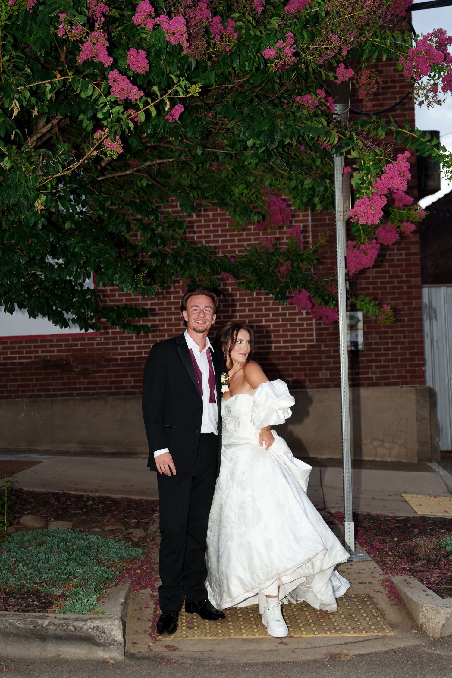 A couple sits beneath flowering pink trees at dusk during an outdoor wedding photoshoot.
