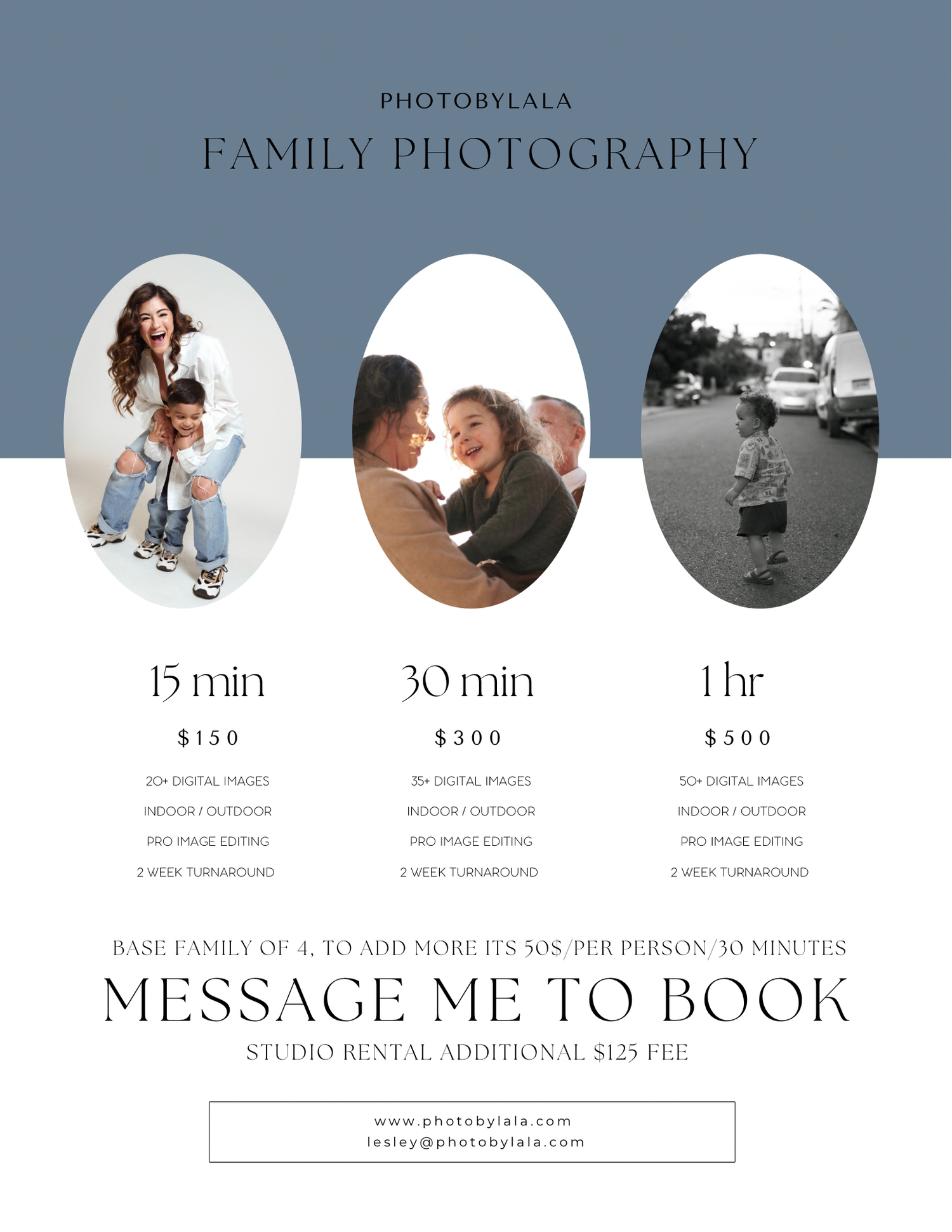 A minimalist photography website layout showcasing family photo session pricing and booking options in gray and white.