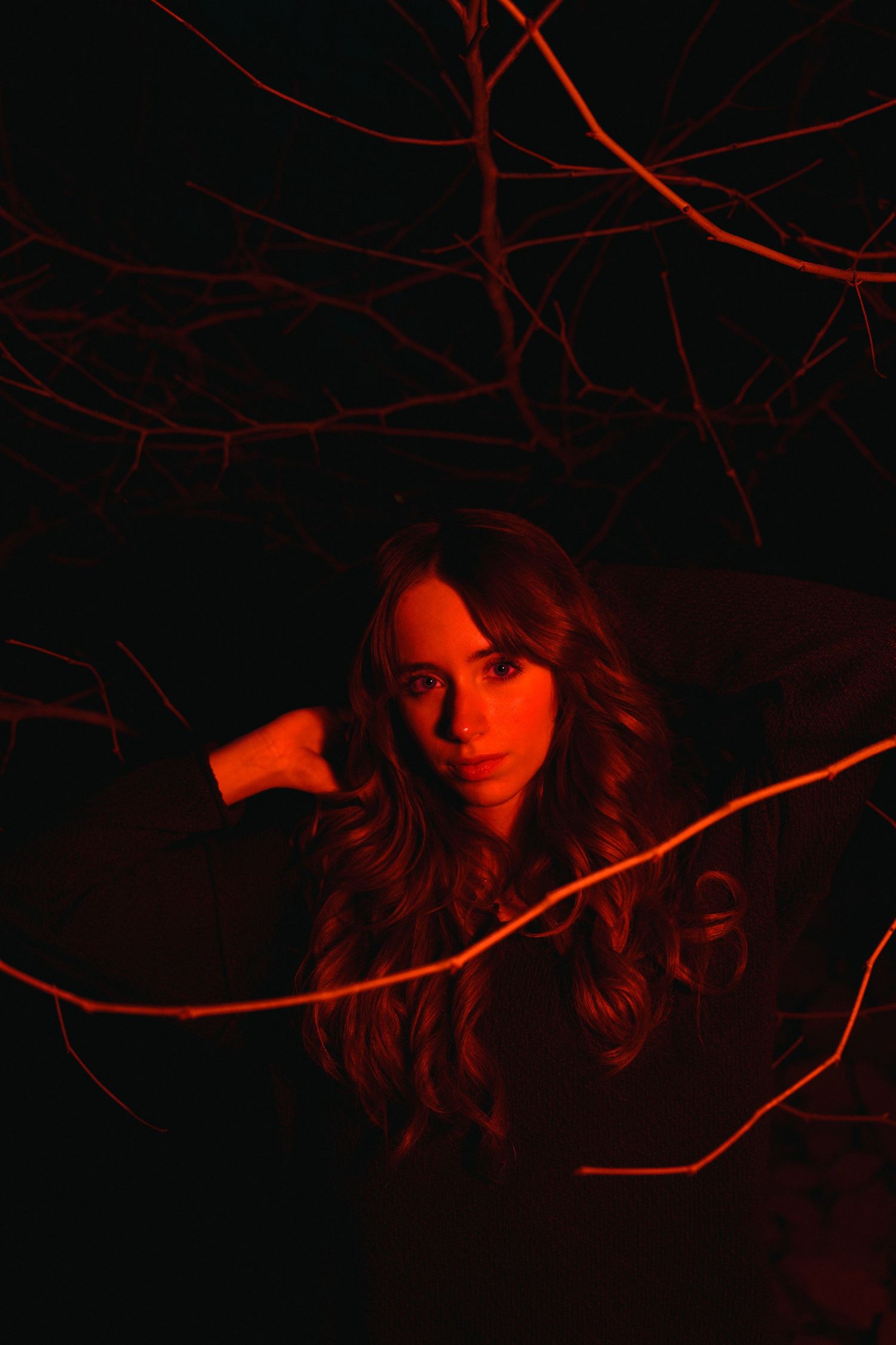 Artistic dark portrait with red lighting and bare tree branches creating a moody atmospheric effect in the shadows.