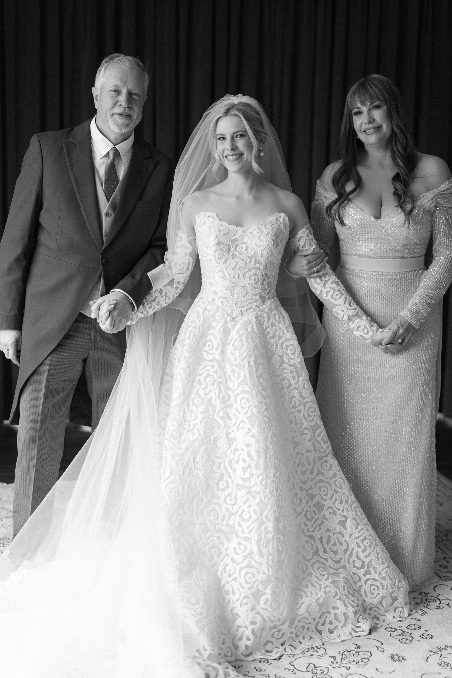 A series of wedding photos showing elegant white lace dresses and formal attire against a dark background.