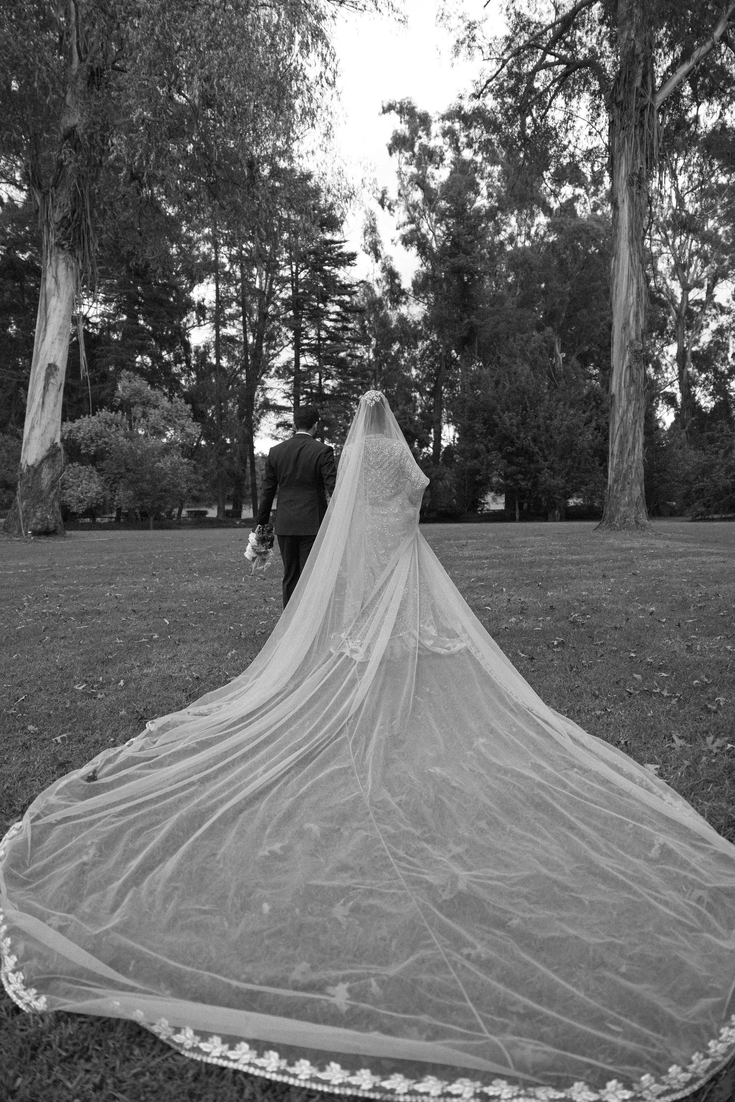 Black and white photo of bride with long lace cathedral veil walking with groom in park.