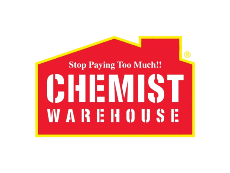 Chemist Warehouse logo with red and yellow house shape and Stop Paying Too Much slogan.