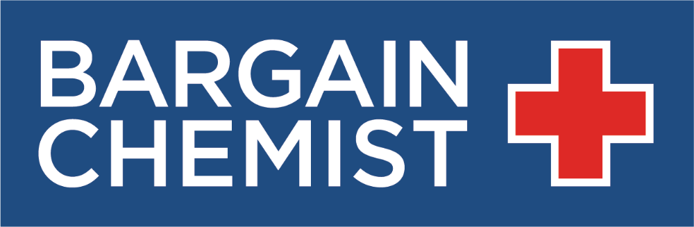 Bargain Chemist logo in white bold text on blue background with red cross symbol for pharmacy retail.