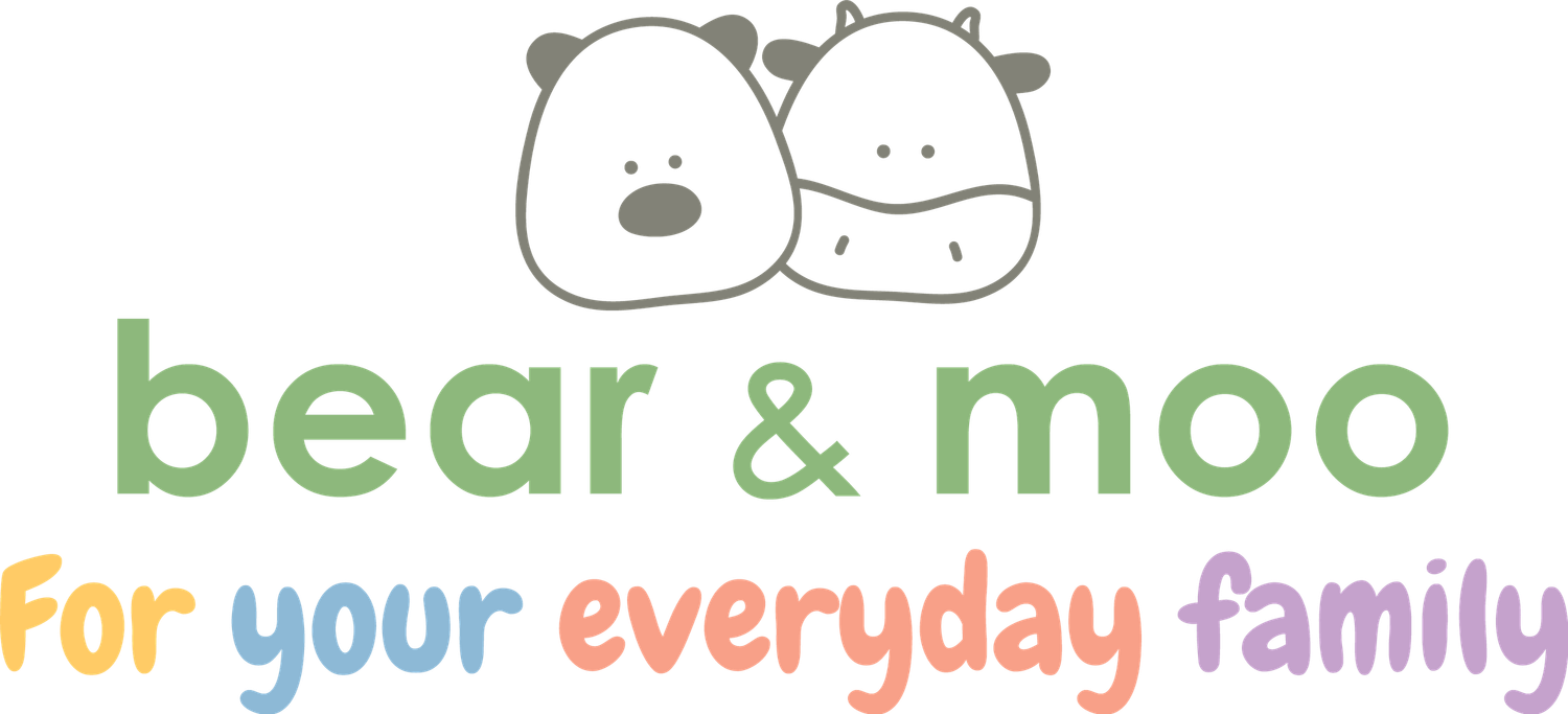 Bear & Moo logo featuring cute cartoon bear and cow characters with colorful text for everyday family products.