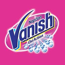 Vanish NapiSan Oxi Action stain remover logo on bright pink background with bubble design elements.