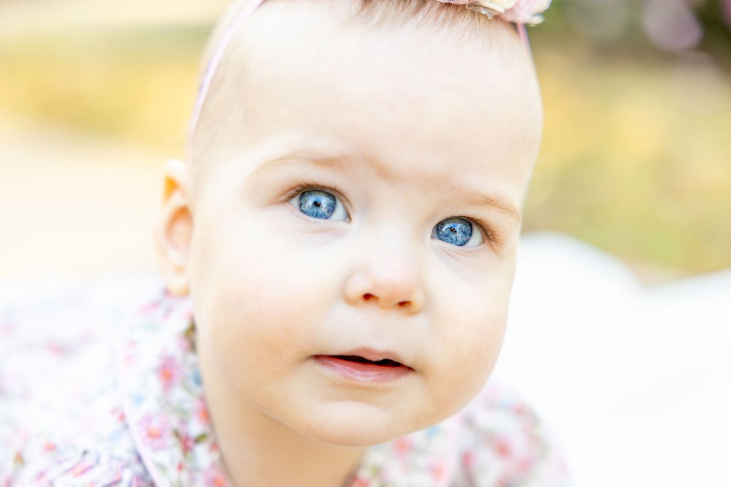 Baby wearing floral outfit and pink first birthday crown looking up with bright blue eyes.
