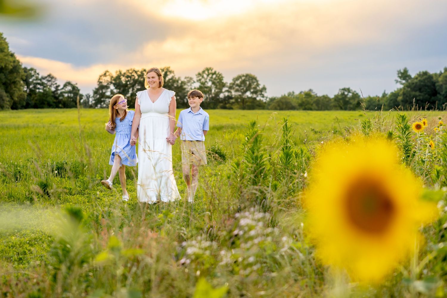 Three people standing in a sunlit field with sunflowers during golden hour at Blue Hill Garden in Monroe, NC.