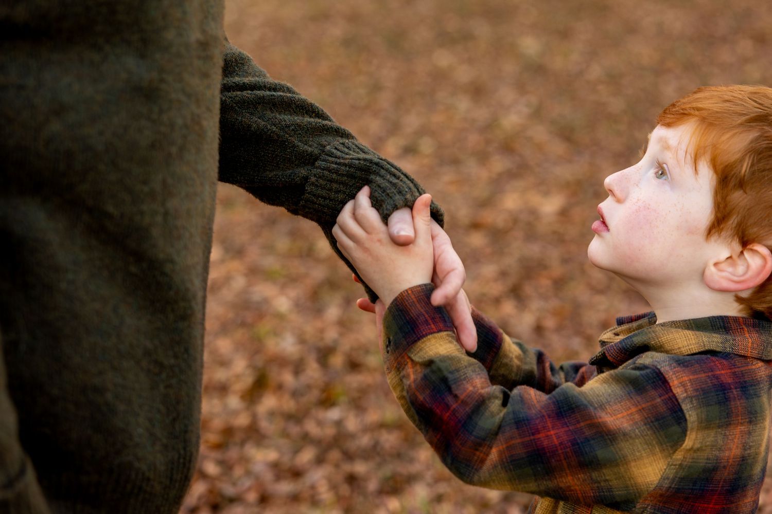 Child looking up while holding hands with adult on autumn ground.