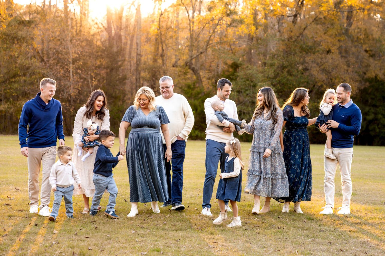 Collection of candid family photos taken during golden hour in a field.
