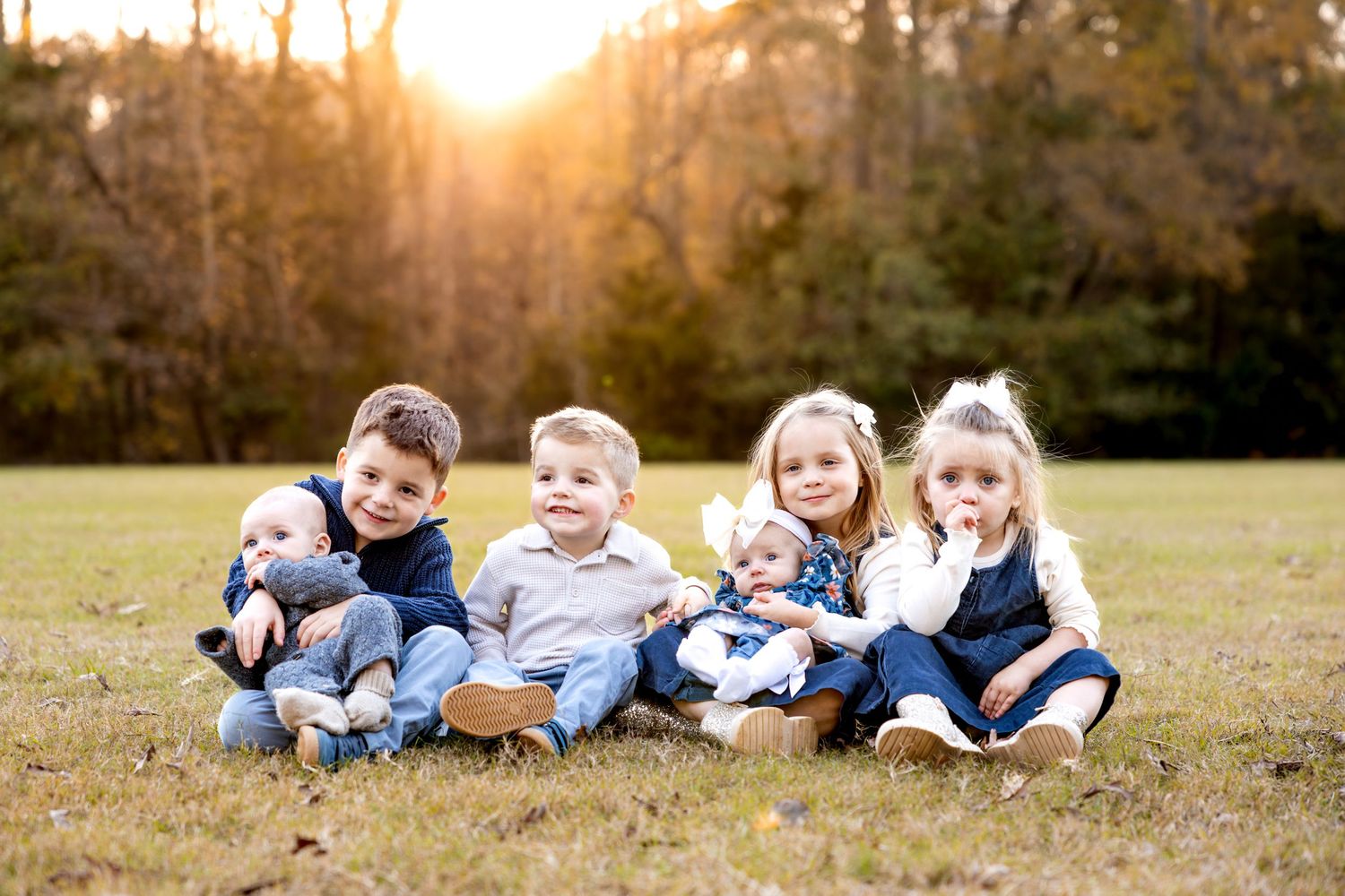 Series of relaxed family photos showing playful interactions on grass at sunset.