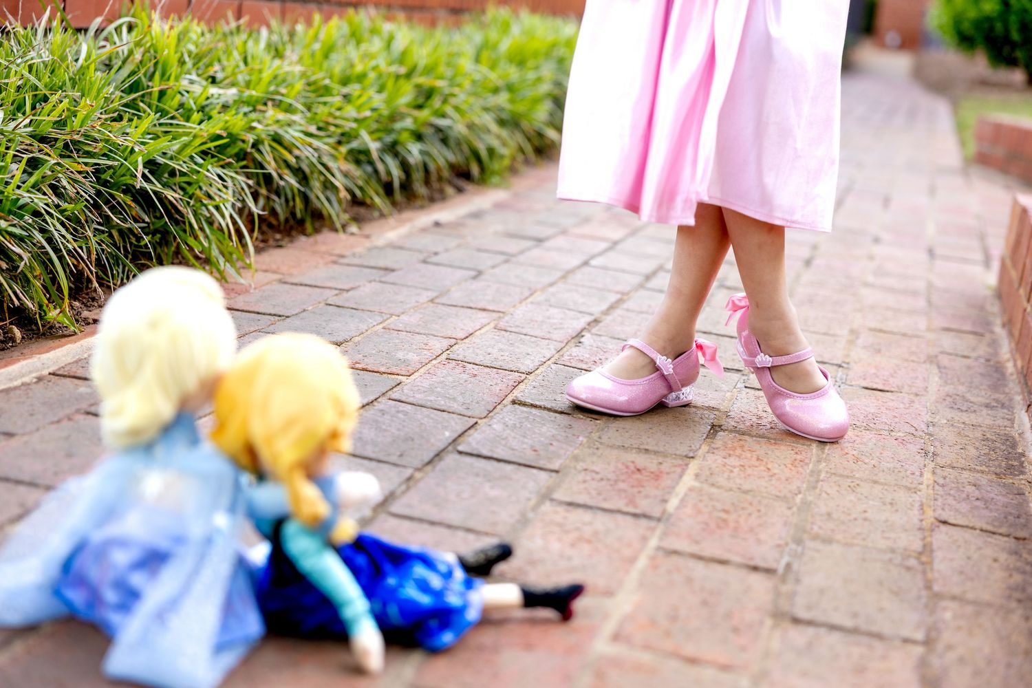 Pink shoes and stuffed toys on brick pathway with greenery during preschool graduation session.