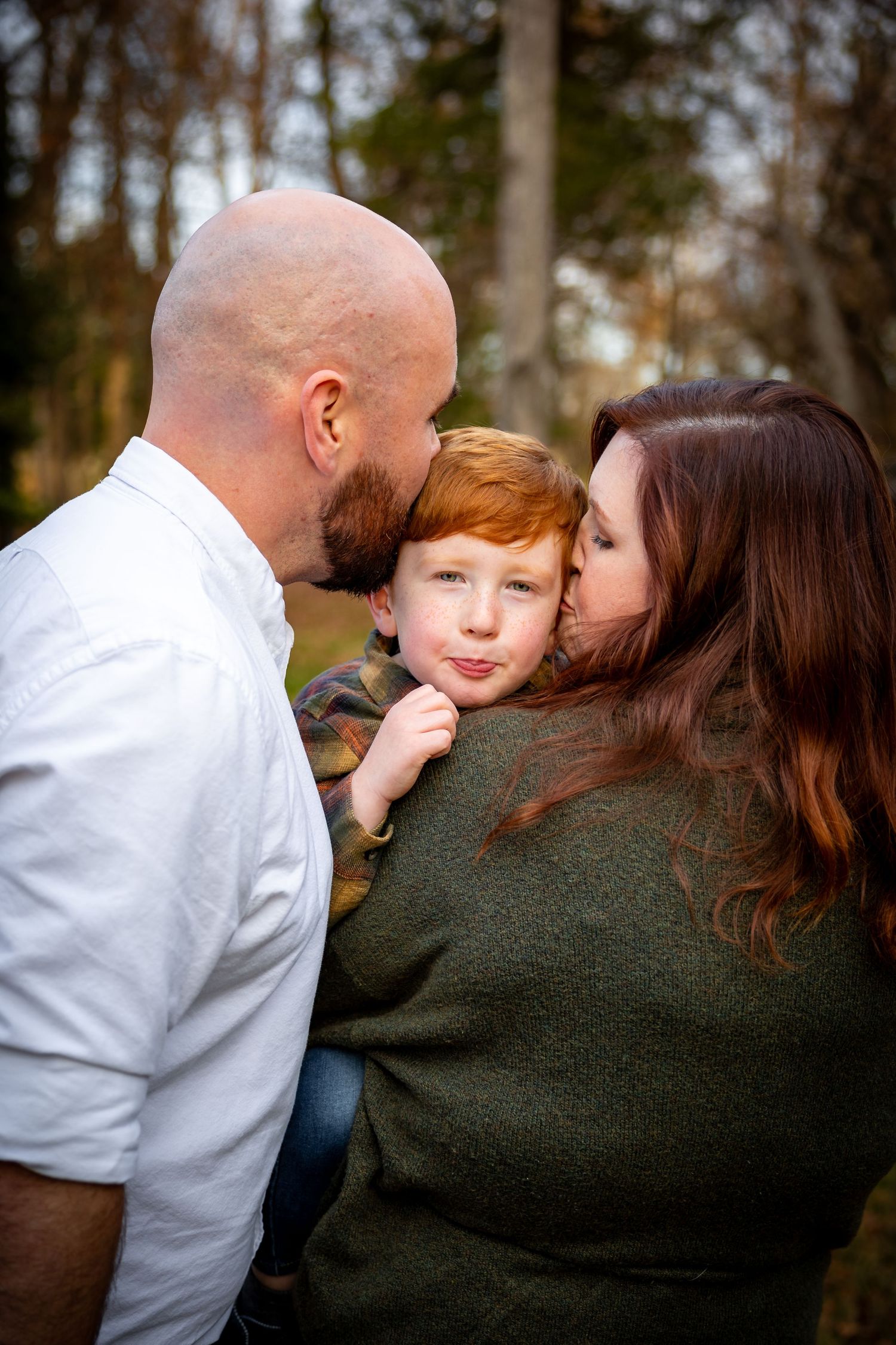 A sweet family moment captured in a sequence showing affectionate gestures in an outdoor autumn setting.
