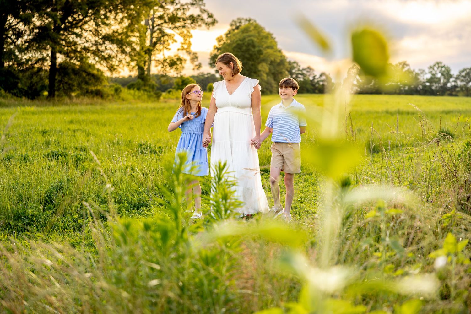 Wide landscape shots of a family walking through a sunflower field at golden hour at Blue Hill Garden in Monroe, NC.