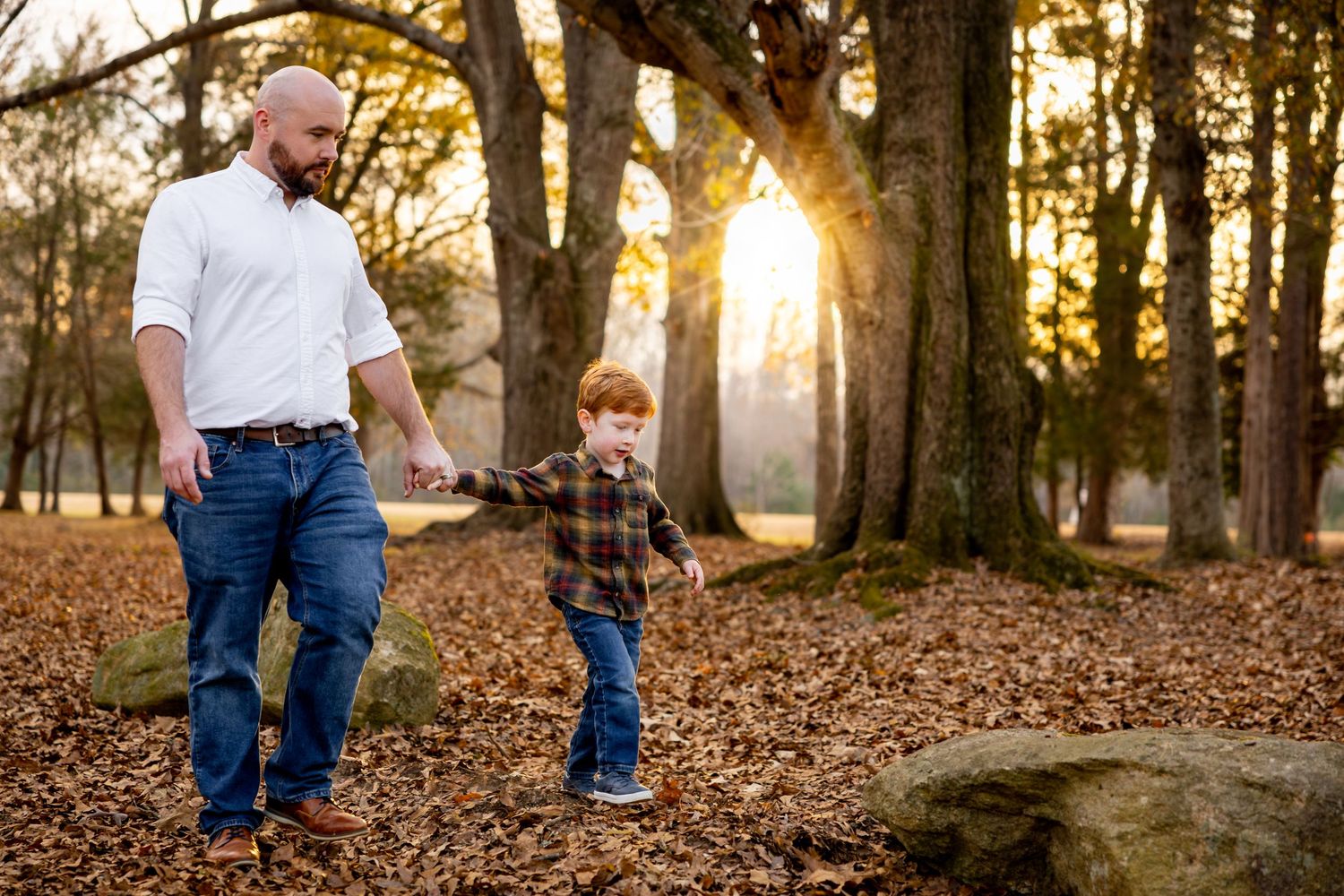 Family walking together through a sunlit forest path covered in fallen autumn leaves.